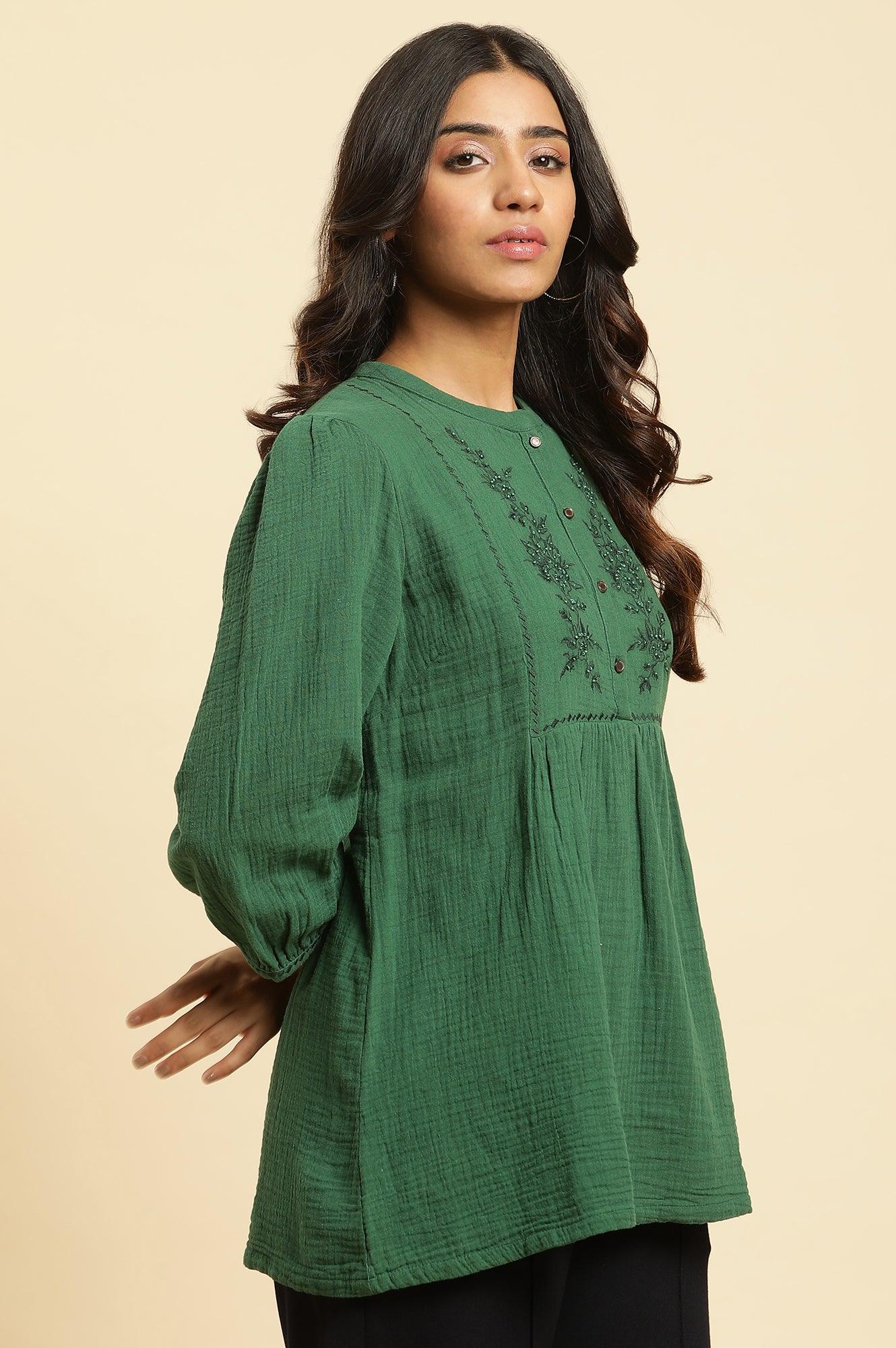 Dark Green Embroidered Western Top - Image 4