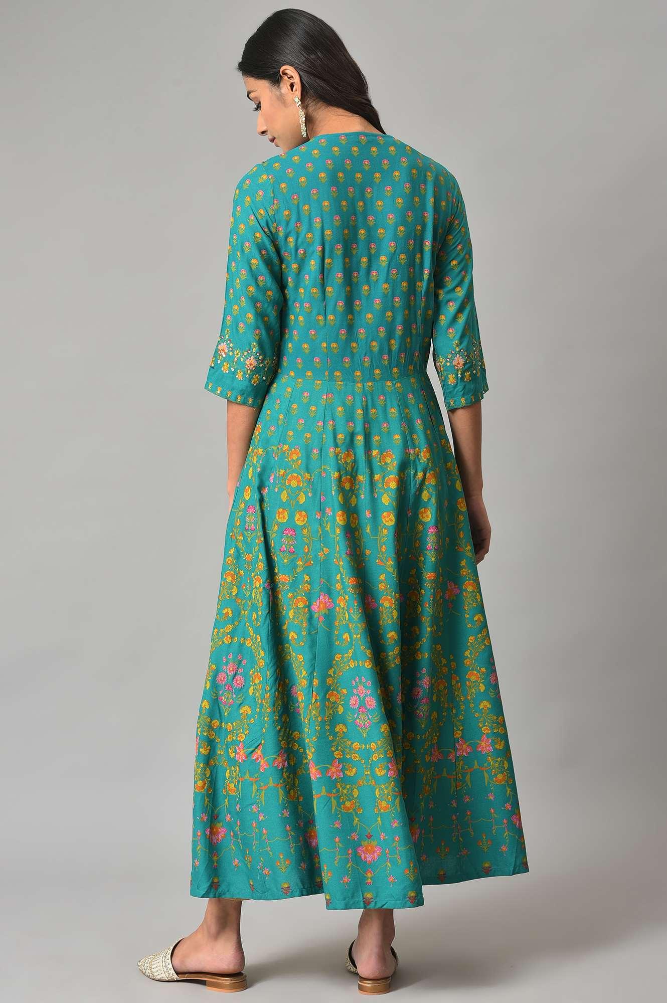Dark Green Flared Dress With Floral Print And Sequins - Image 2