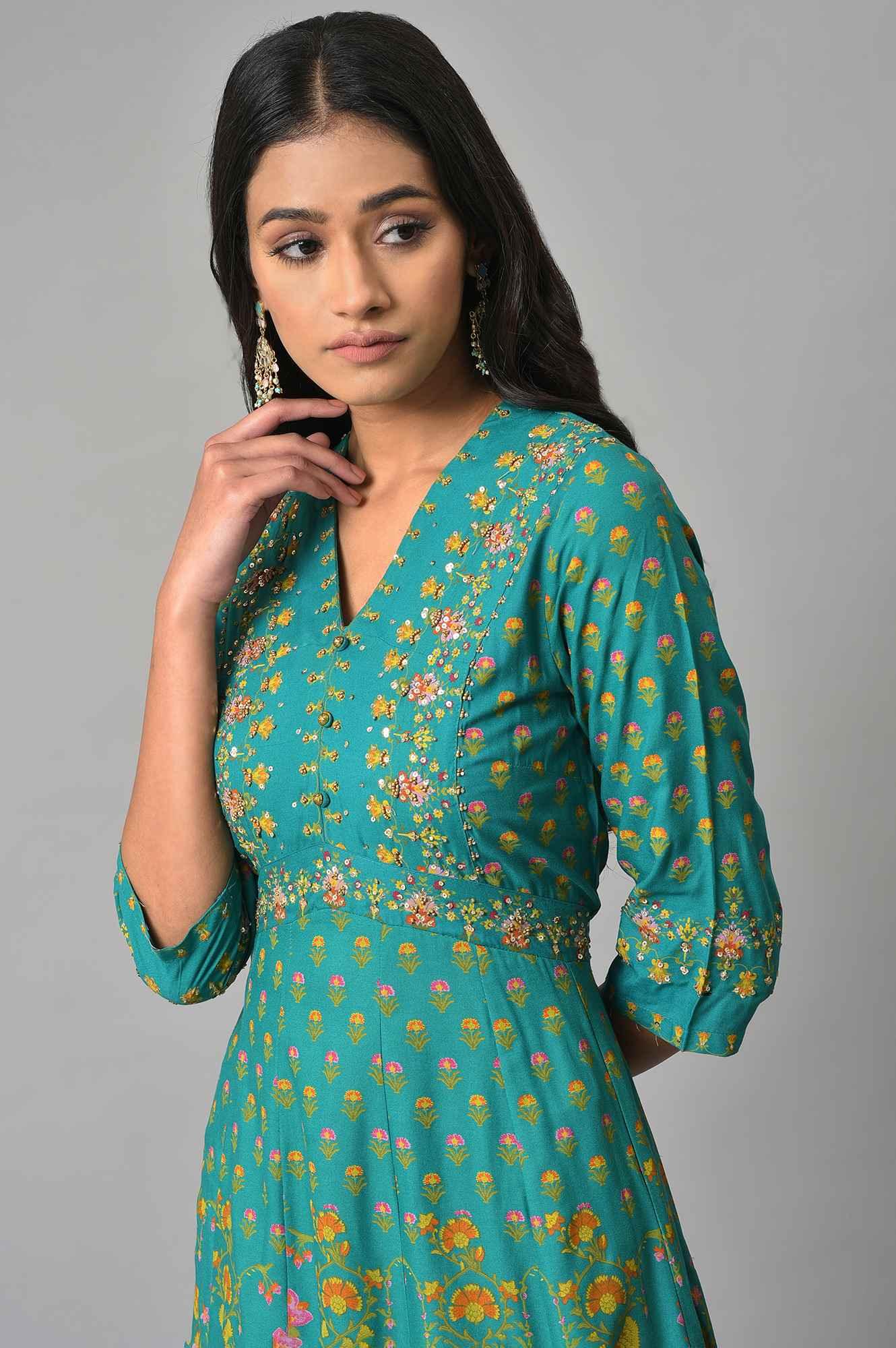 Dark Green Flared Dress With Floral Print And Sequins - Image 5