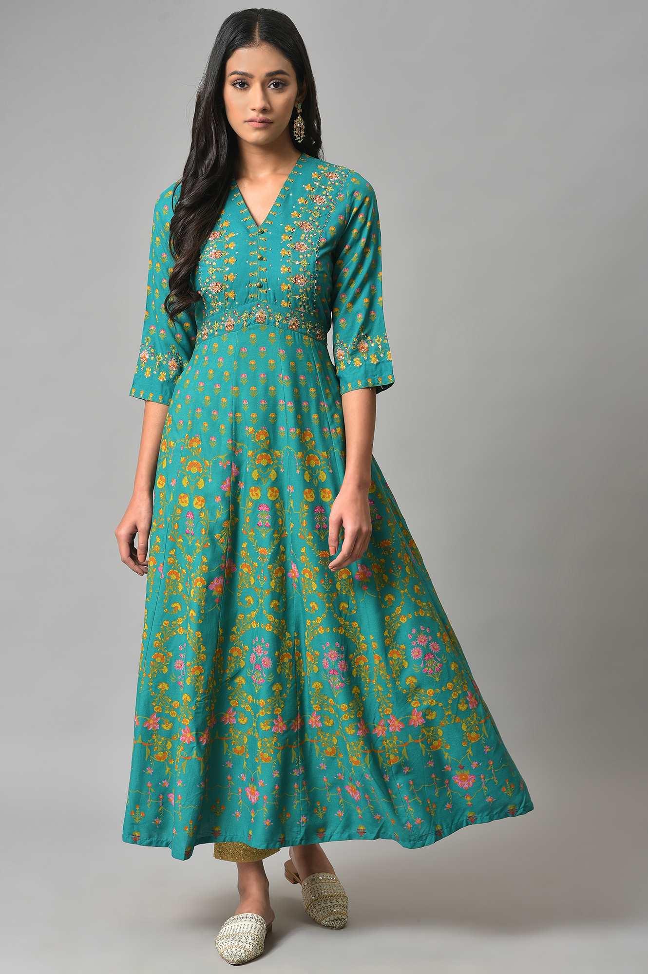 Dark Green Flared Dress With Floral Print And Sequins - Image 6