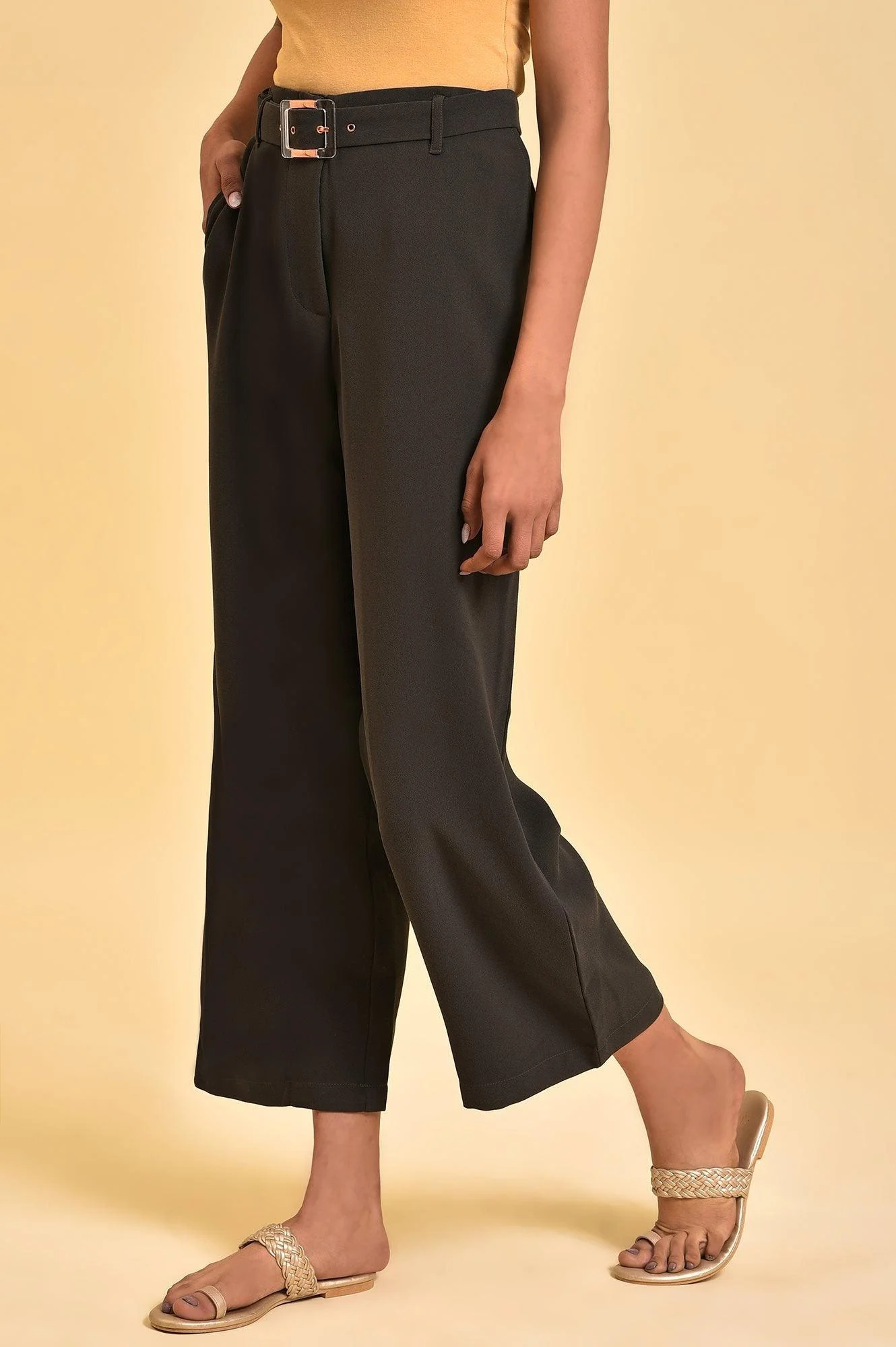 Dark Green Flared Pants With Belt - Image 3