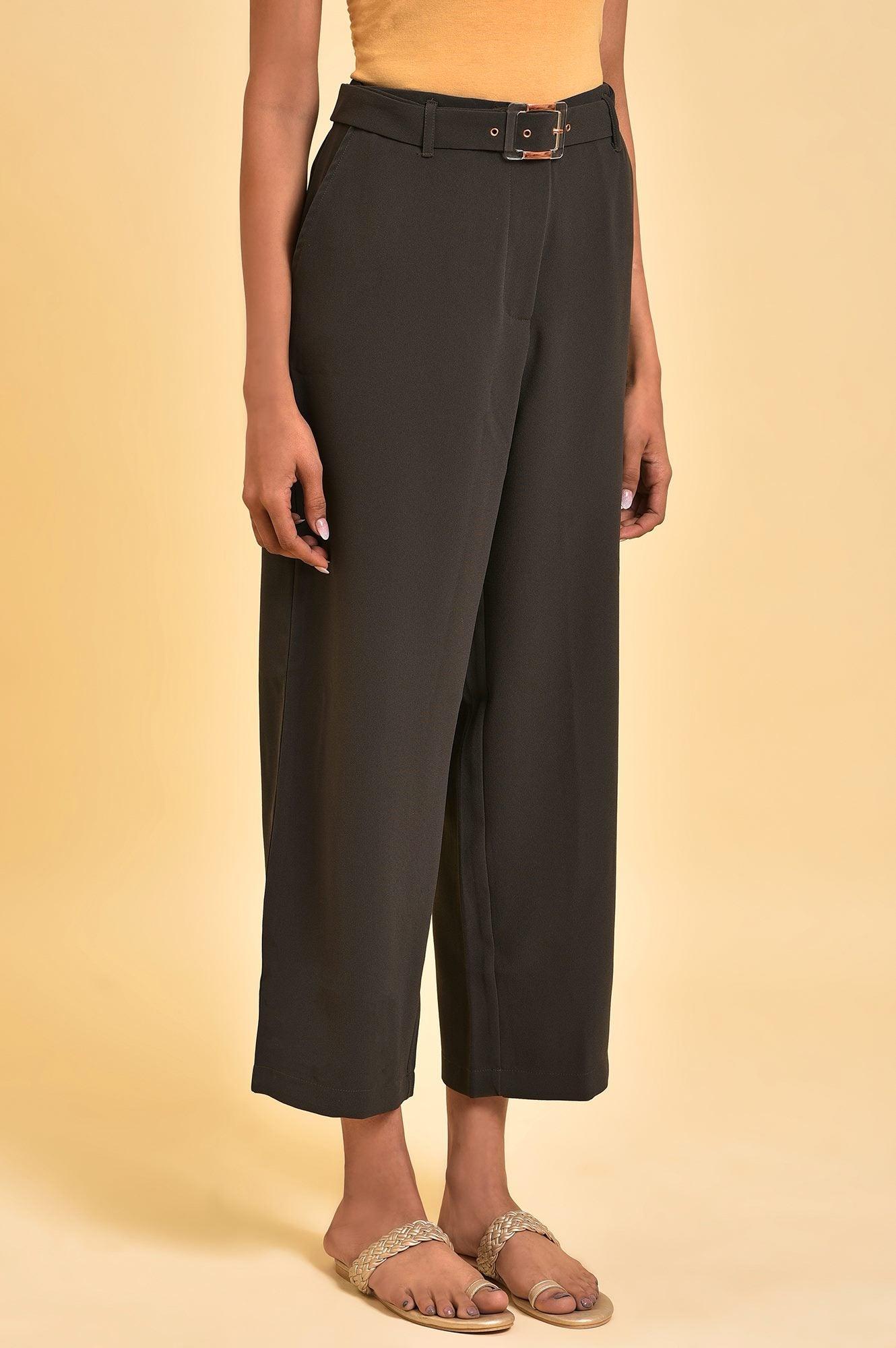 Dark Green Flared Pants With Belt - Image 4