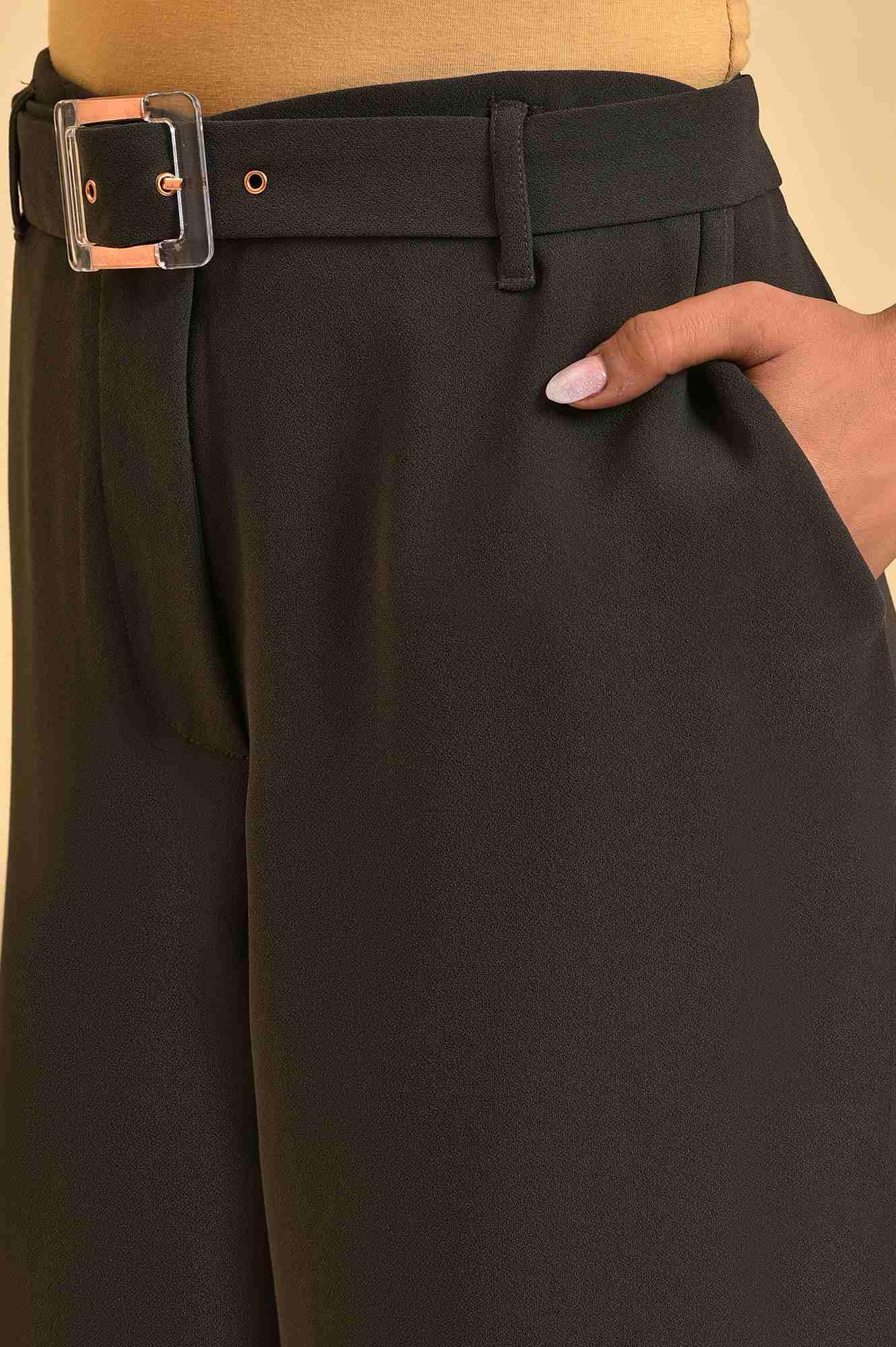 Dark Green Flared Pants With Belt - Image 7