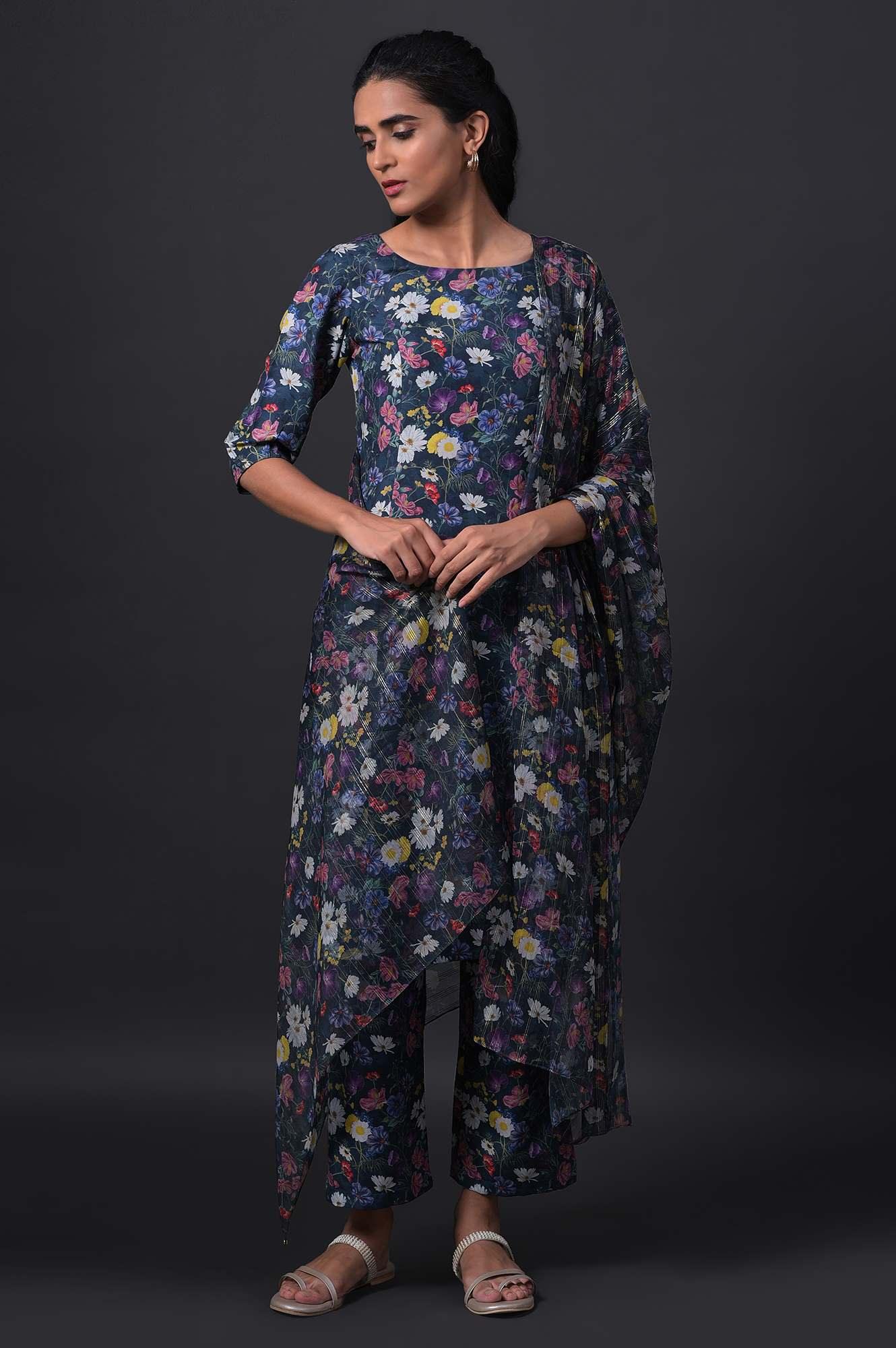 Dark Green Floral Print kurta With Straight Pants And Dupatta