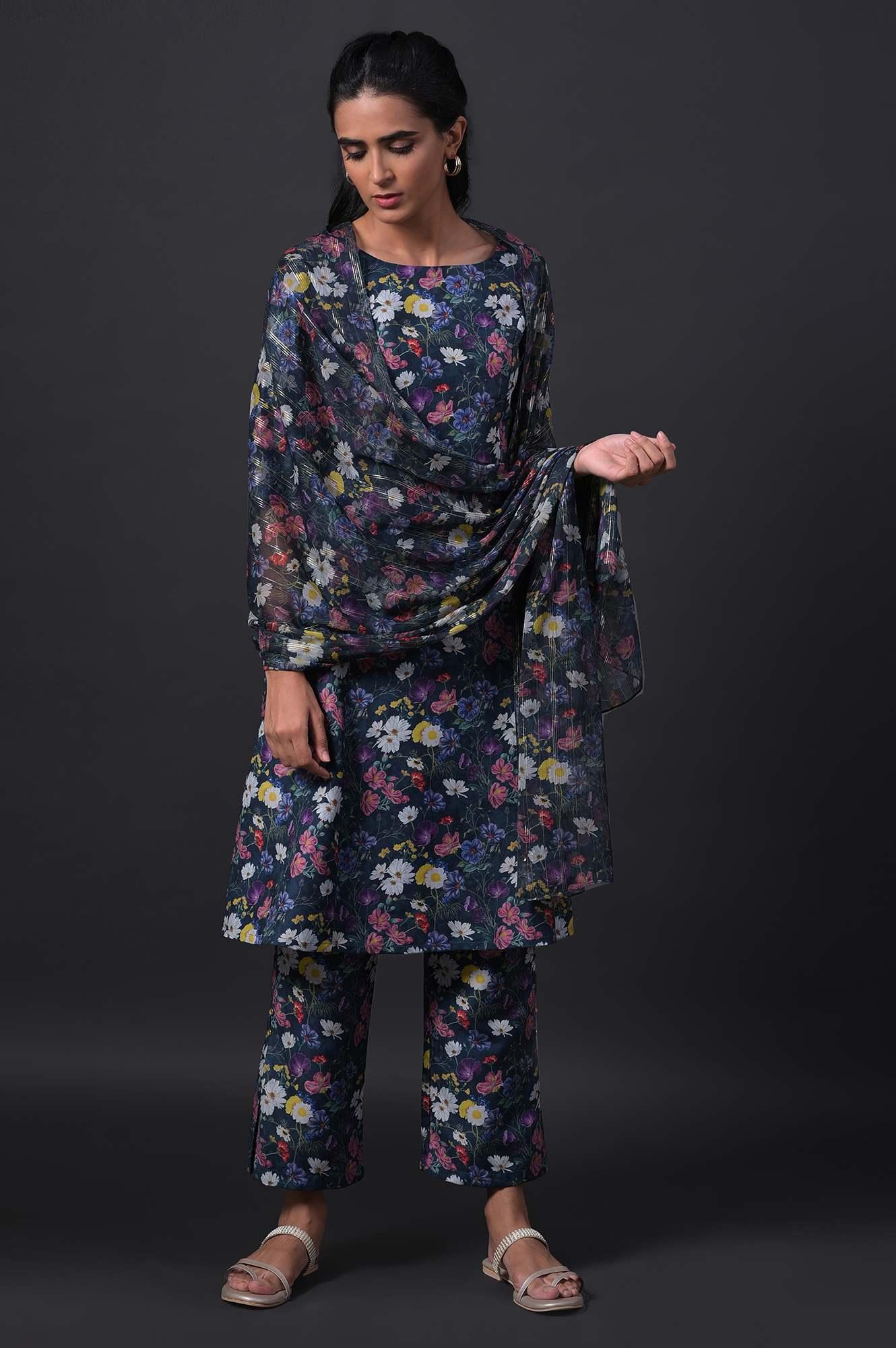 Dark Green Floral Print kurta With Straight Pants And Dupatta - Image 10
