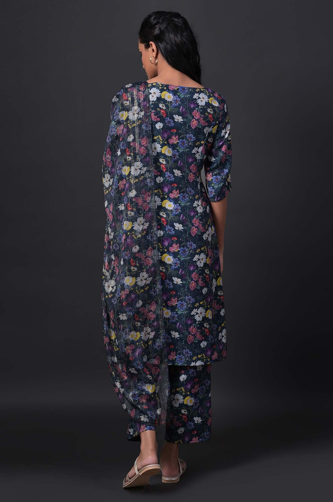Dark Green Floral Print kurta With Straight Pants And Dupatta - Image 2