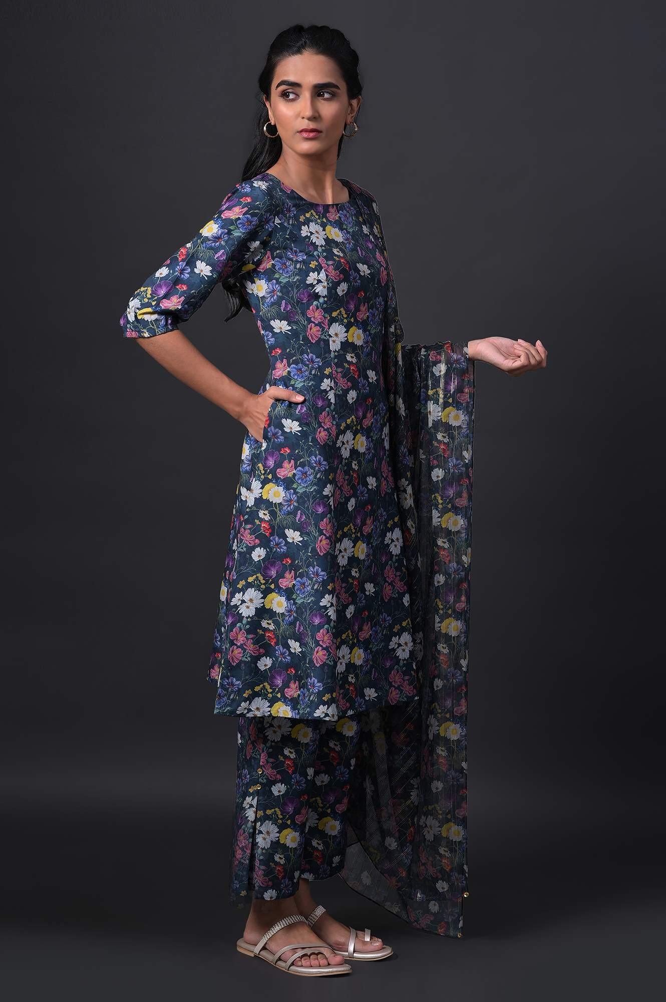 Dark Green Floral Print kurta With Straight Pants And Dupatta - Image 4