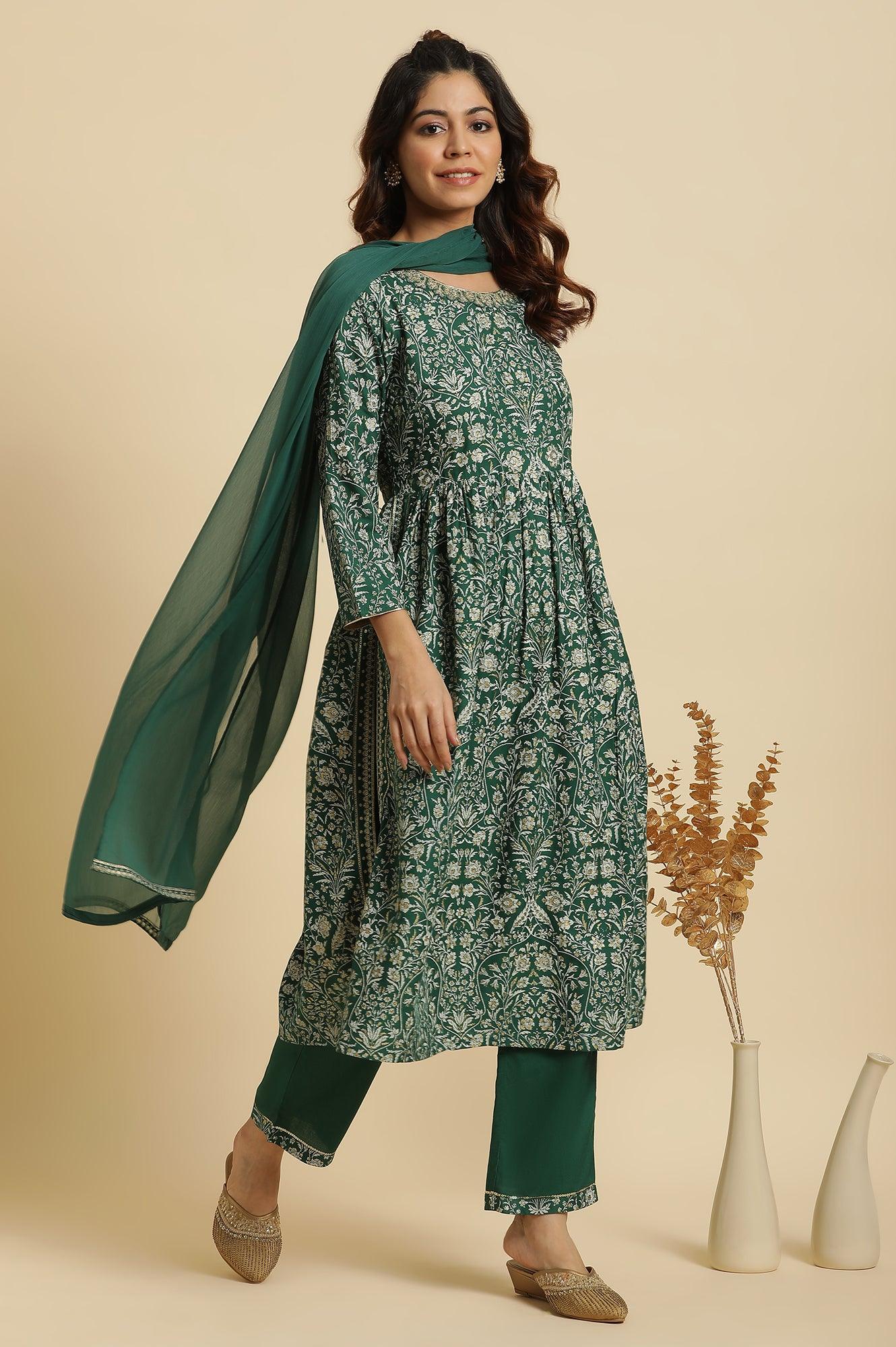 Dark Green Floral Printed Kurta, Pants & Dupatta Set - Image 2