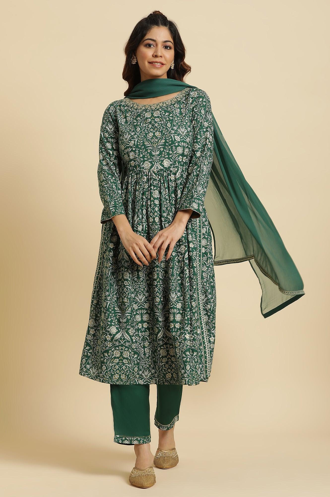 Dark Green Floral Printed Kurta, Pants & Dupatta Set - Image 3