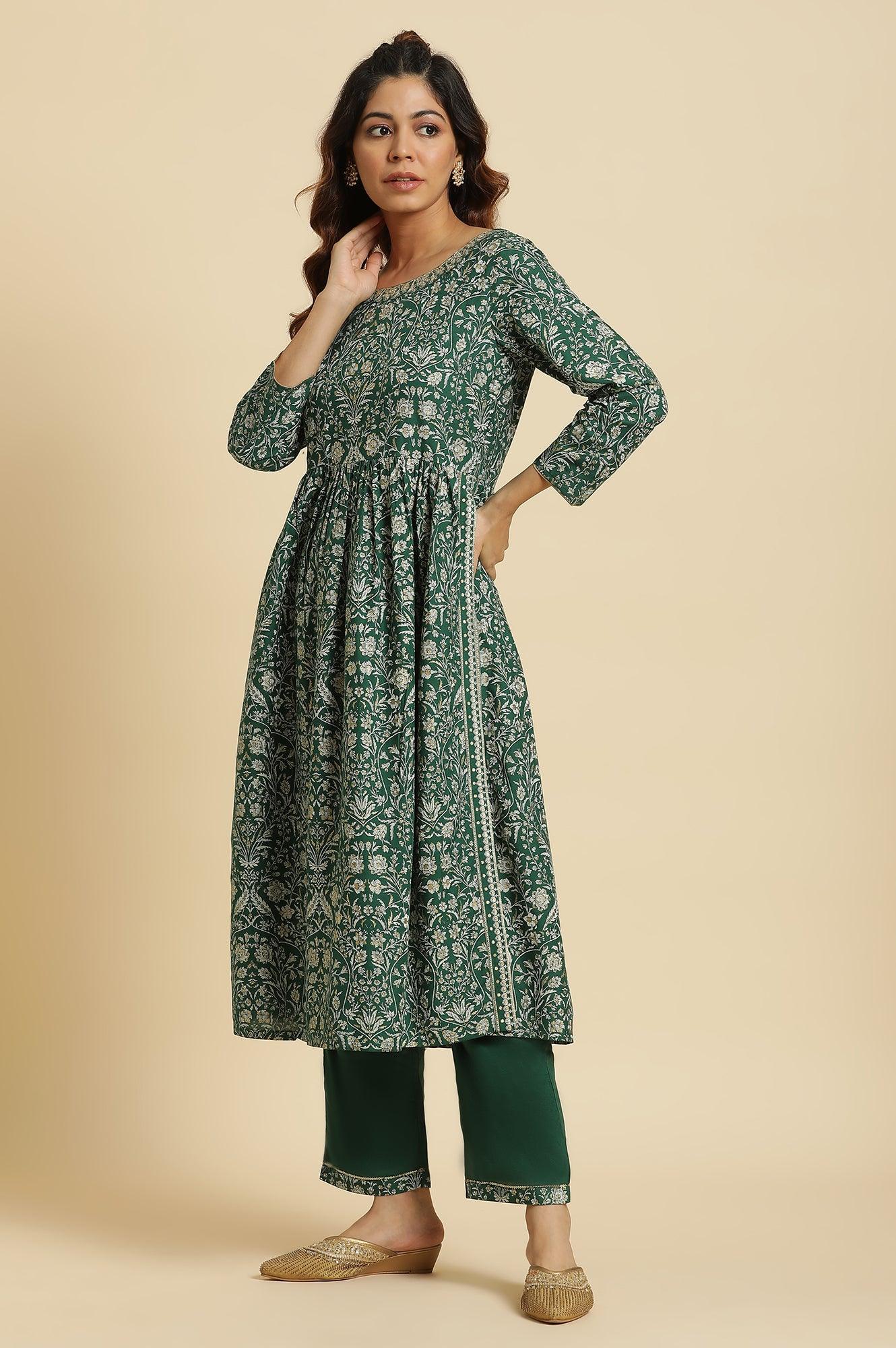 Dark Green Floral Printed Kurta, Pants & Dupatta Set - Image 4