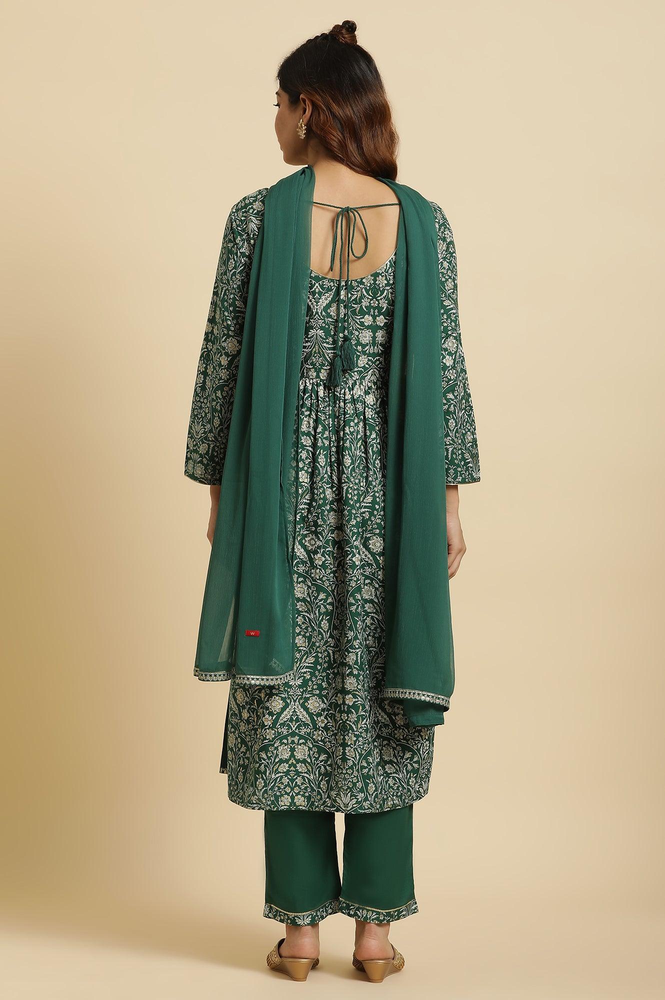 Dark Green Floral Printed Kurta, Pants & Dupatta Set - Image 5