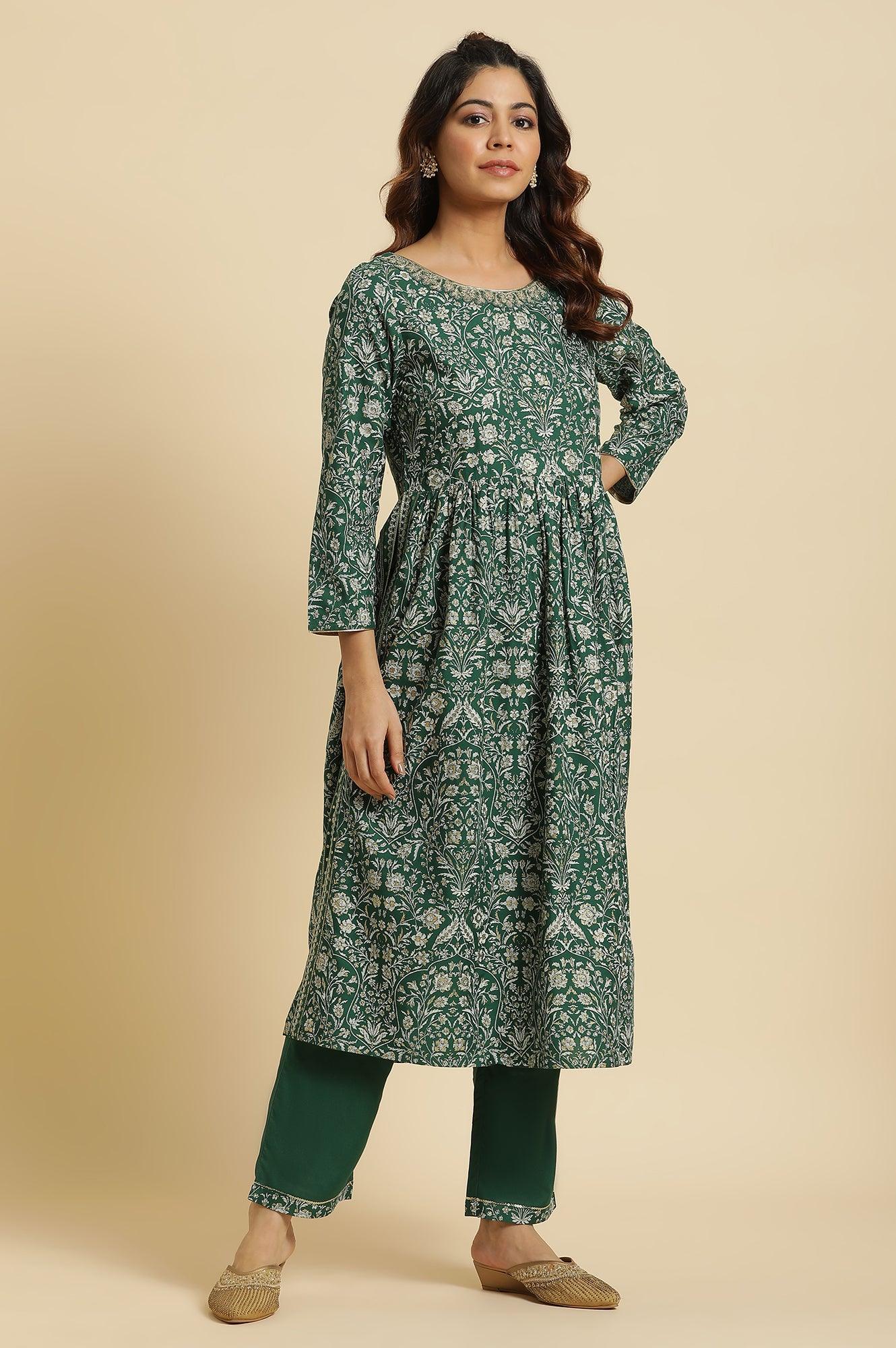 Dark Green Floral Printed Kurta, Pants & Dupatta Set - Image 6