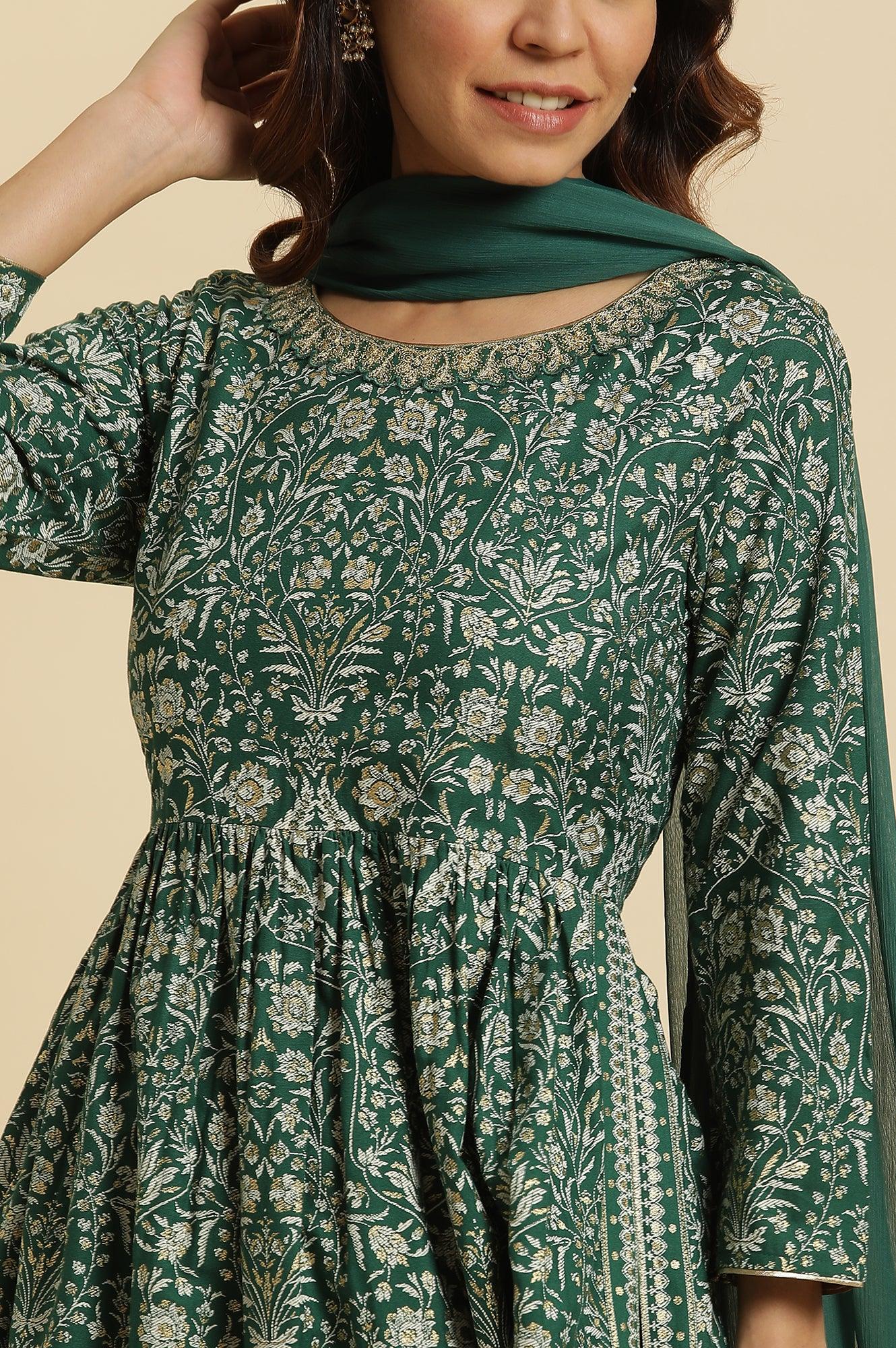Dark Green Floral Printed Kurta, Pants & Dupatta Set - Image 7