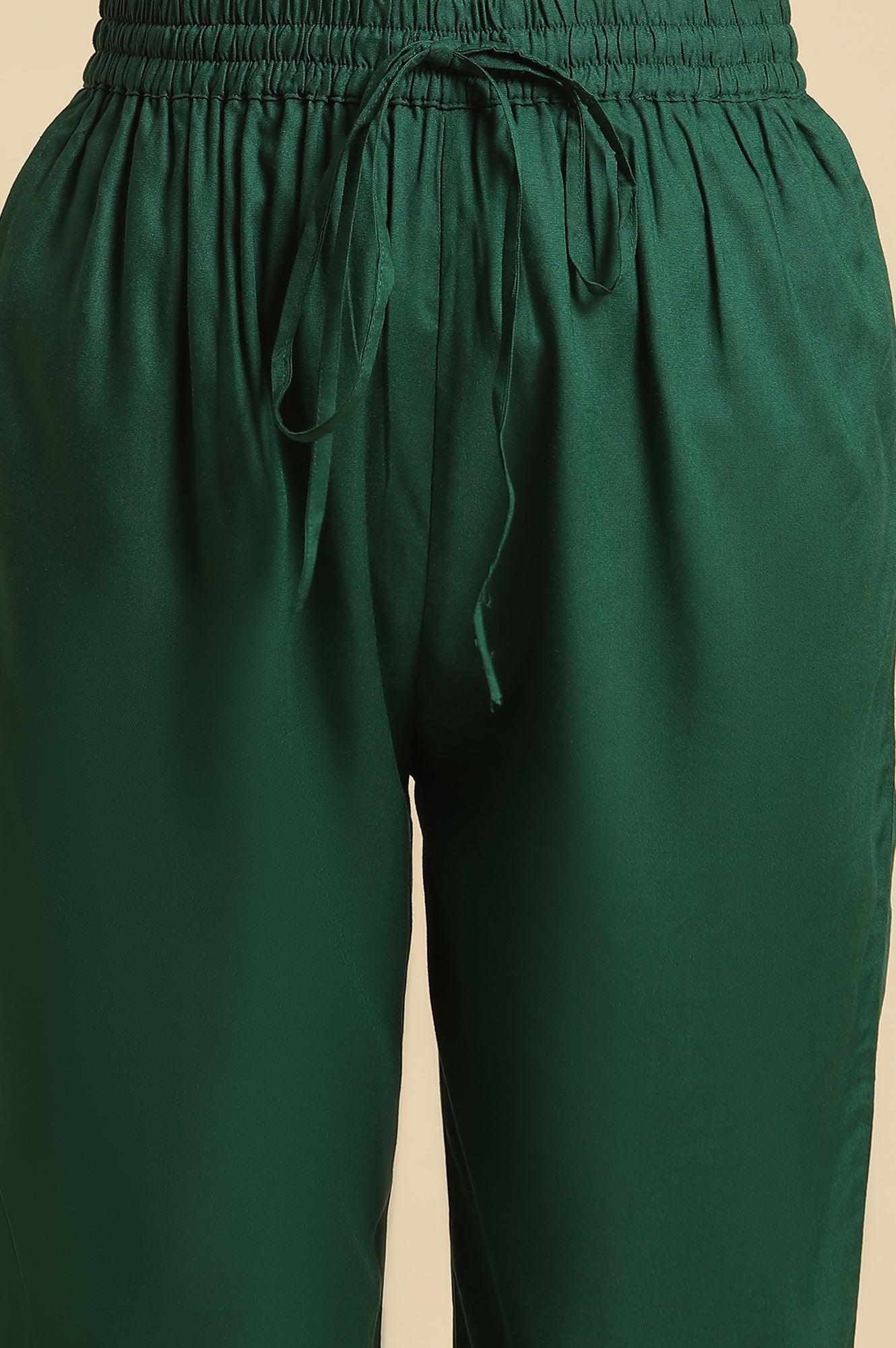 Dark Green Floral Printed Kurta, Pants & Dupatta Set - Image 8
