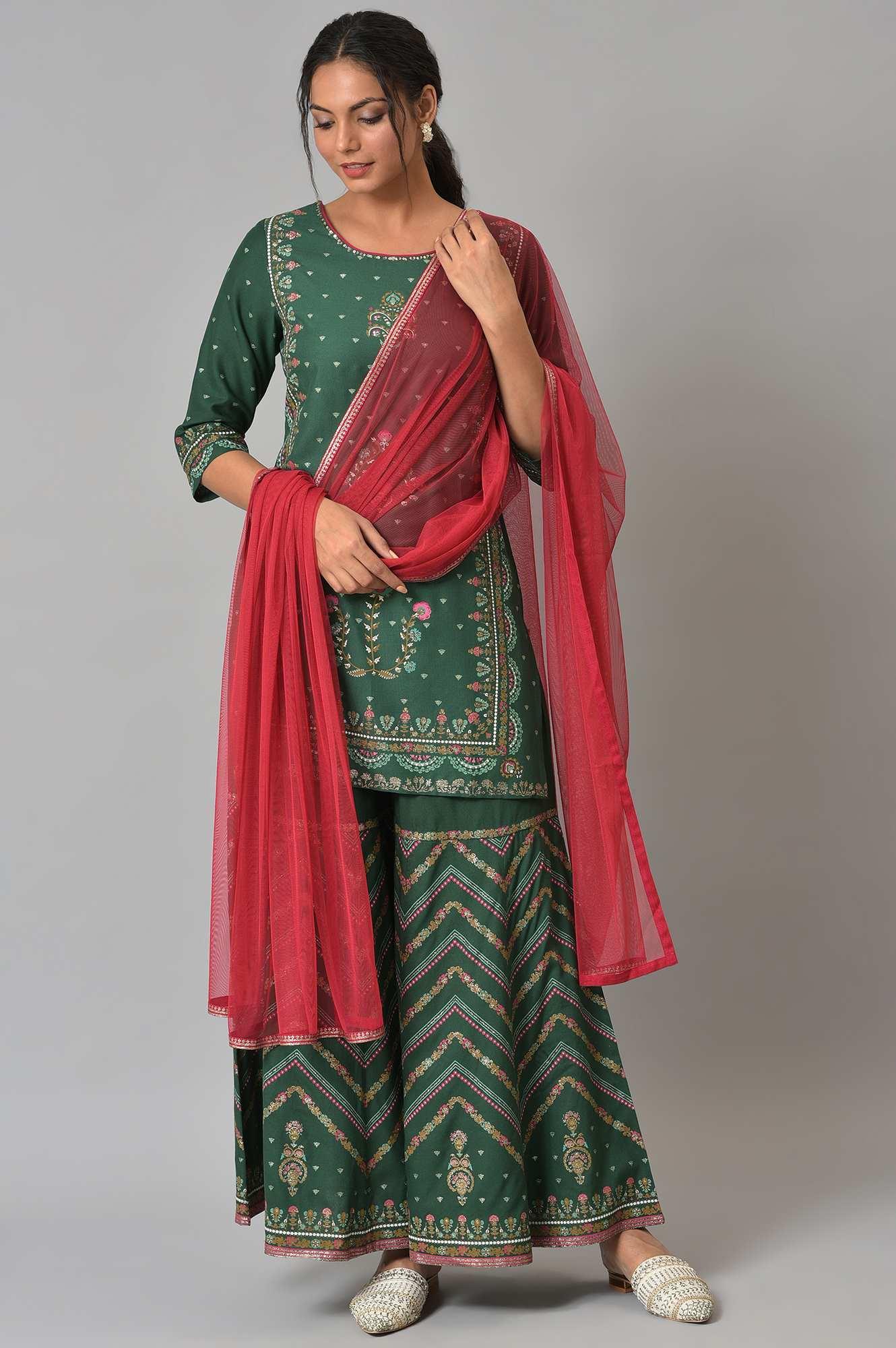 Dark Green Glitter Floral Printed kurta With Sharara Pants And Pink Dupatta - Image 11