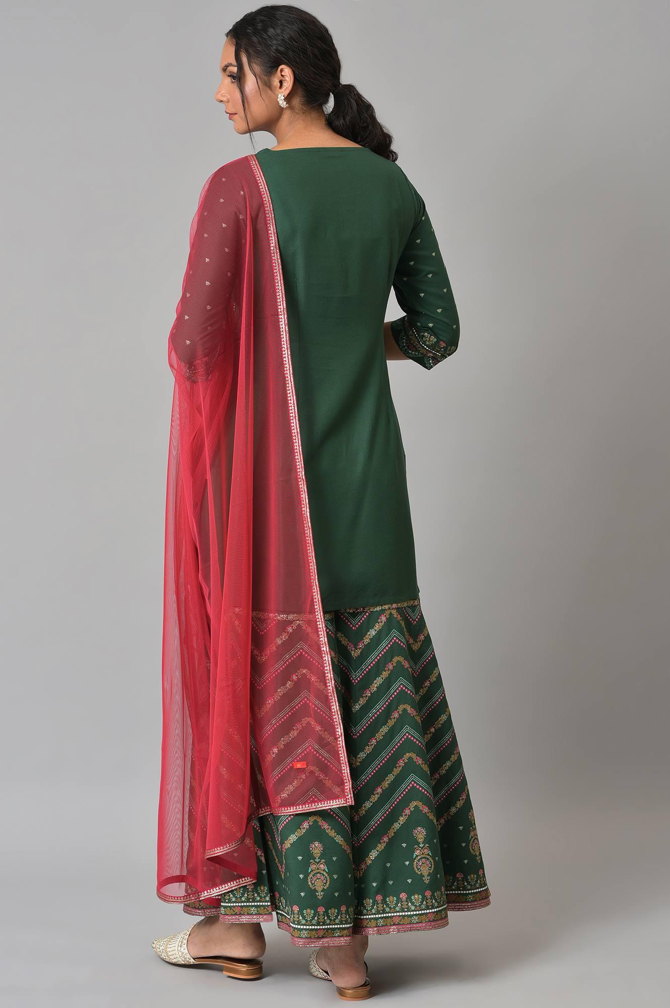 Dark Green Glitter Floral Printed kurta With Sharara Pants And Pink Dupatta - Image 3