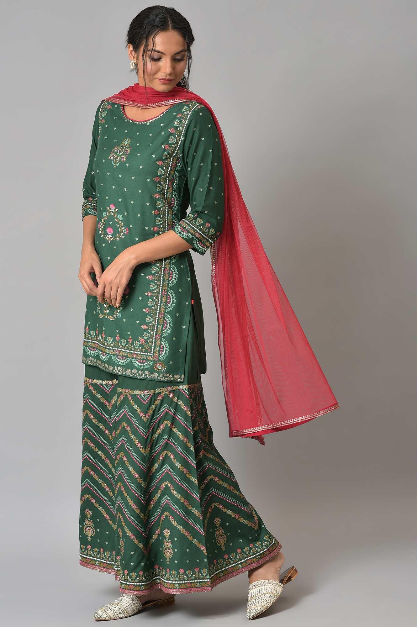 Dark Green Glitter Floral Printed kurta With Sharara Pants And Pink Dupatta - Image 4