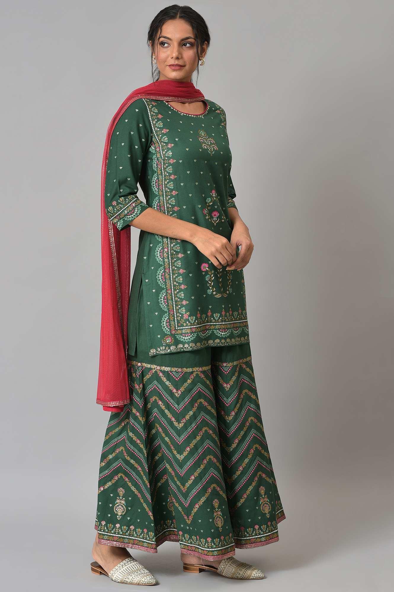 Dark Green Glitter Floral Printed kurta With Sharara Pants And Pink Dupatta - Image 5