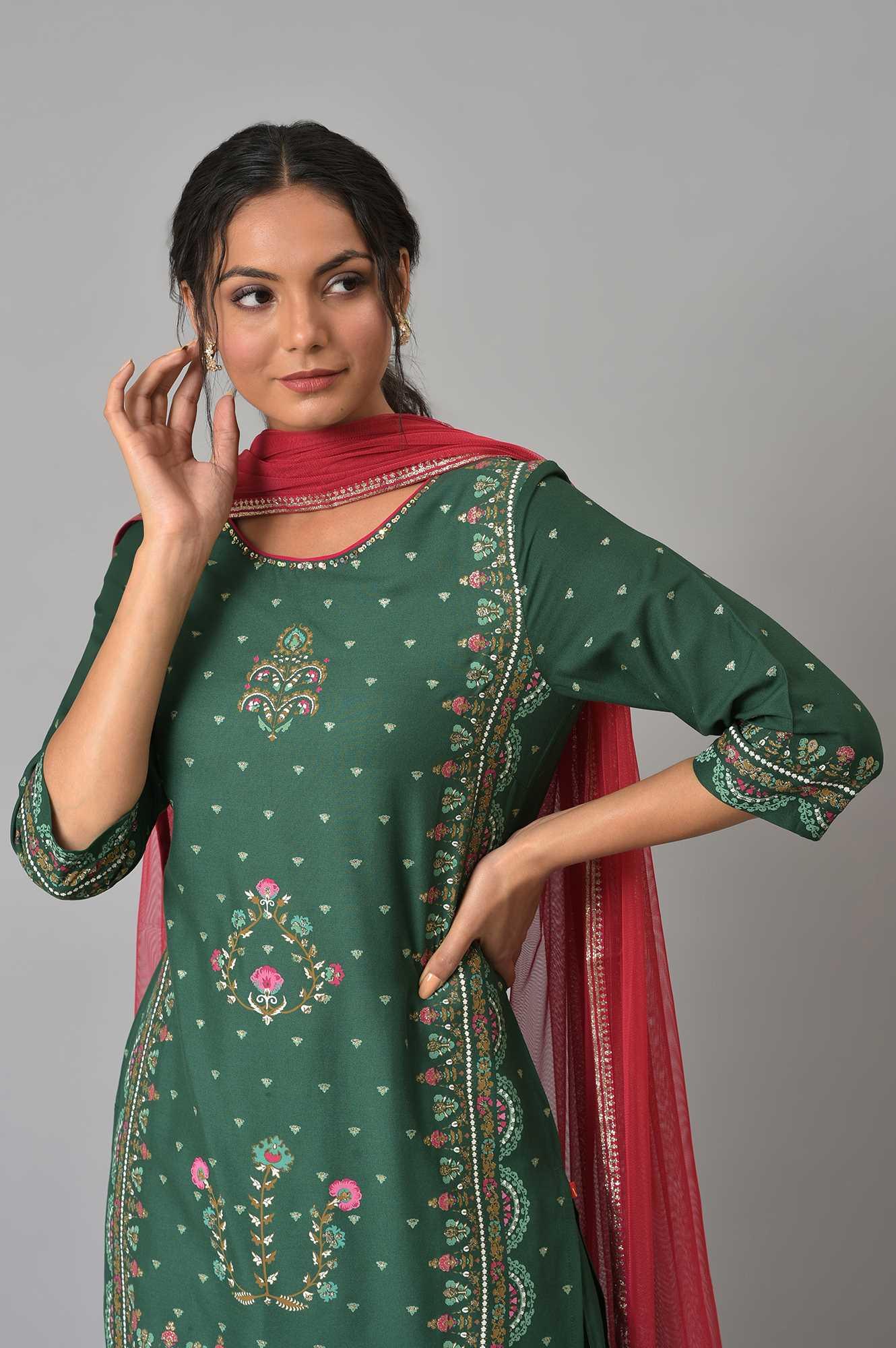 Dark Green Glitter Floral Printed kurta With Sharara Pants And Pink Dupatta - Image 6