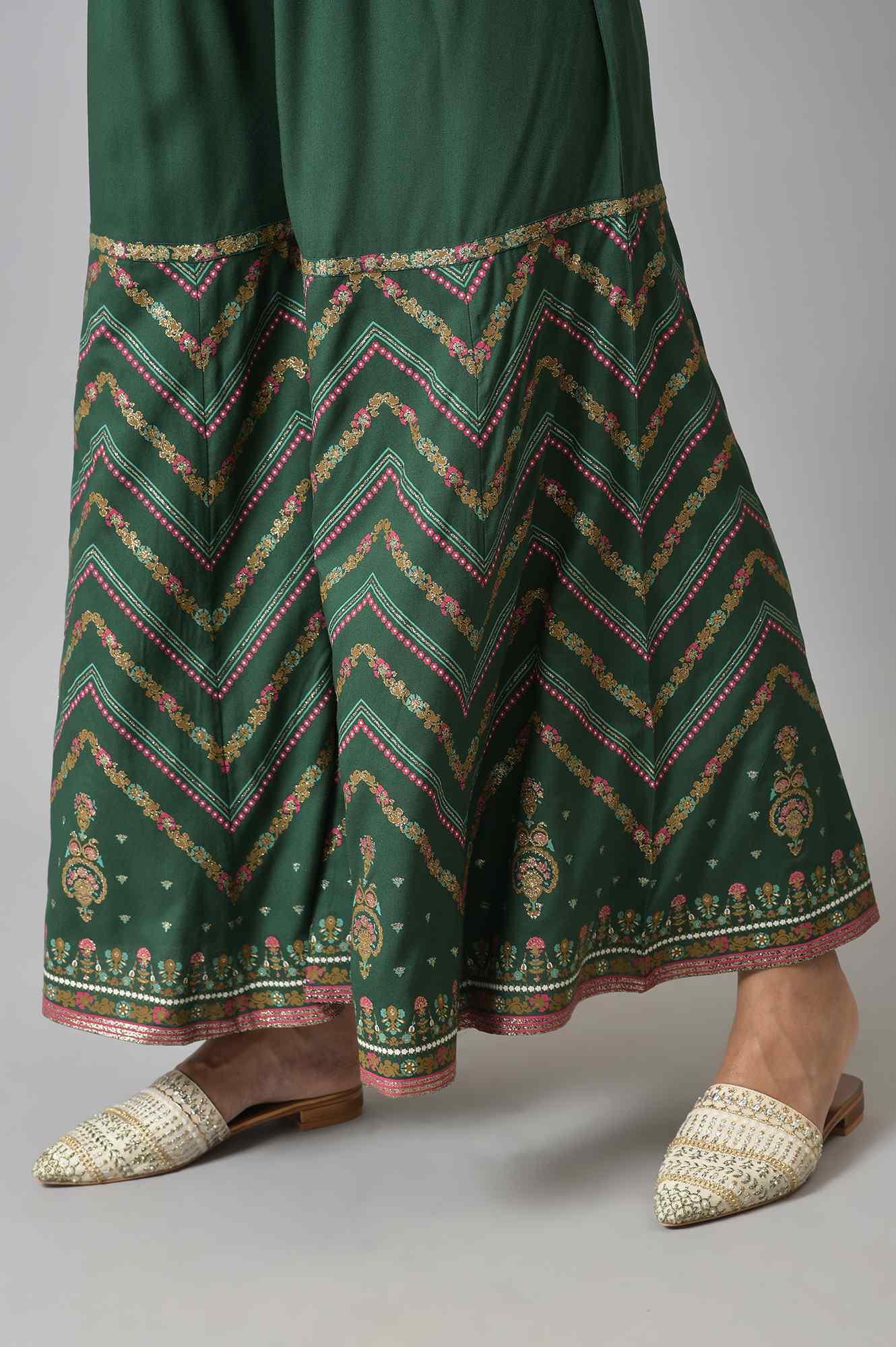 Dark Green Glitter Floral Printed kurta With Sharara Pants And Pink Dupatta - Image 9