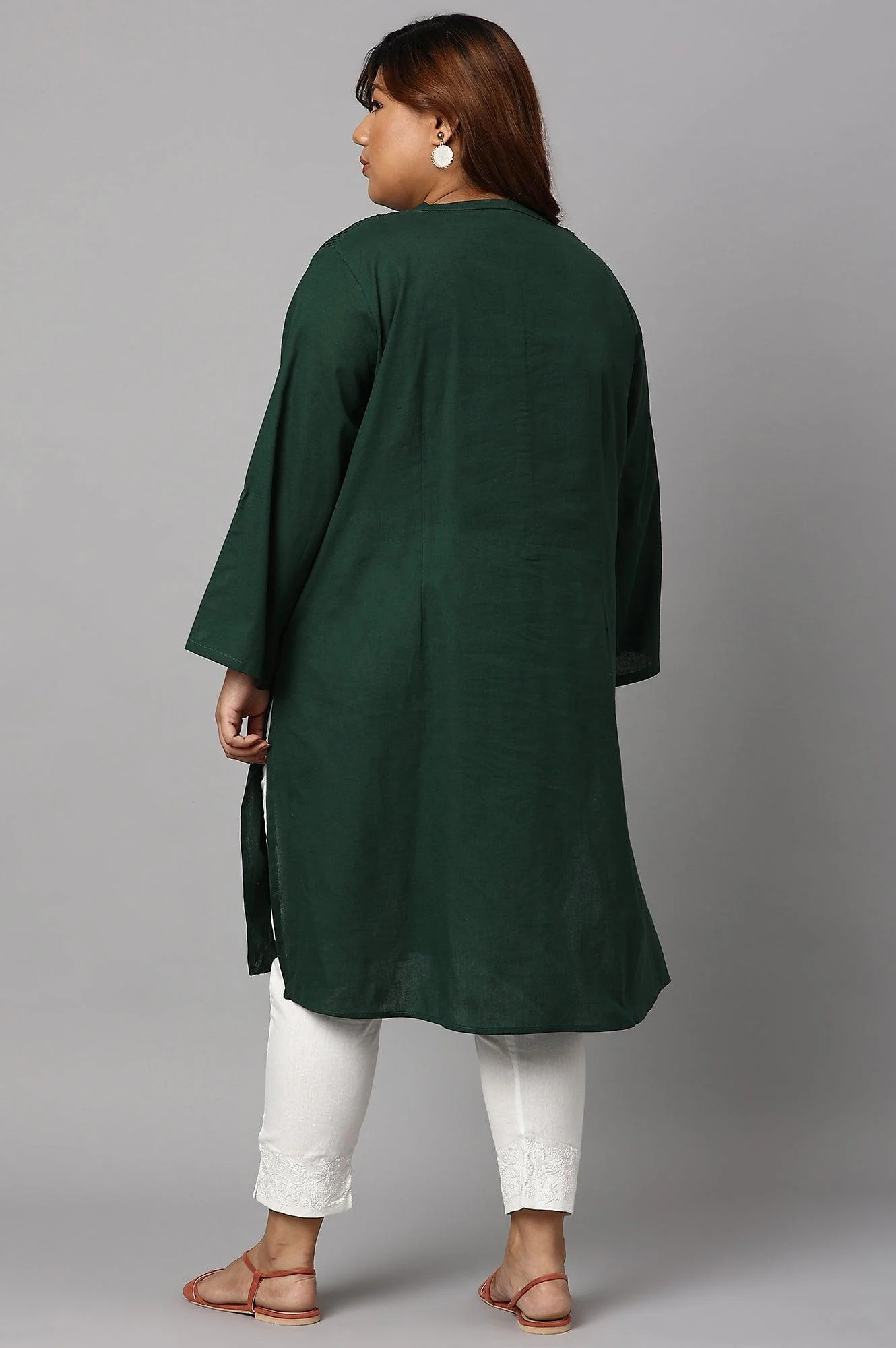Dark Green Half Placket Plus Size Shirt kurta - Image 2