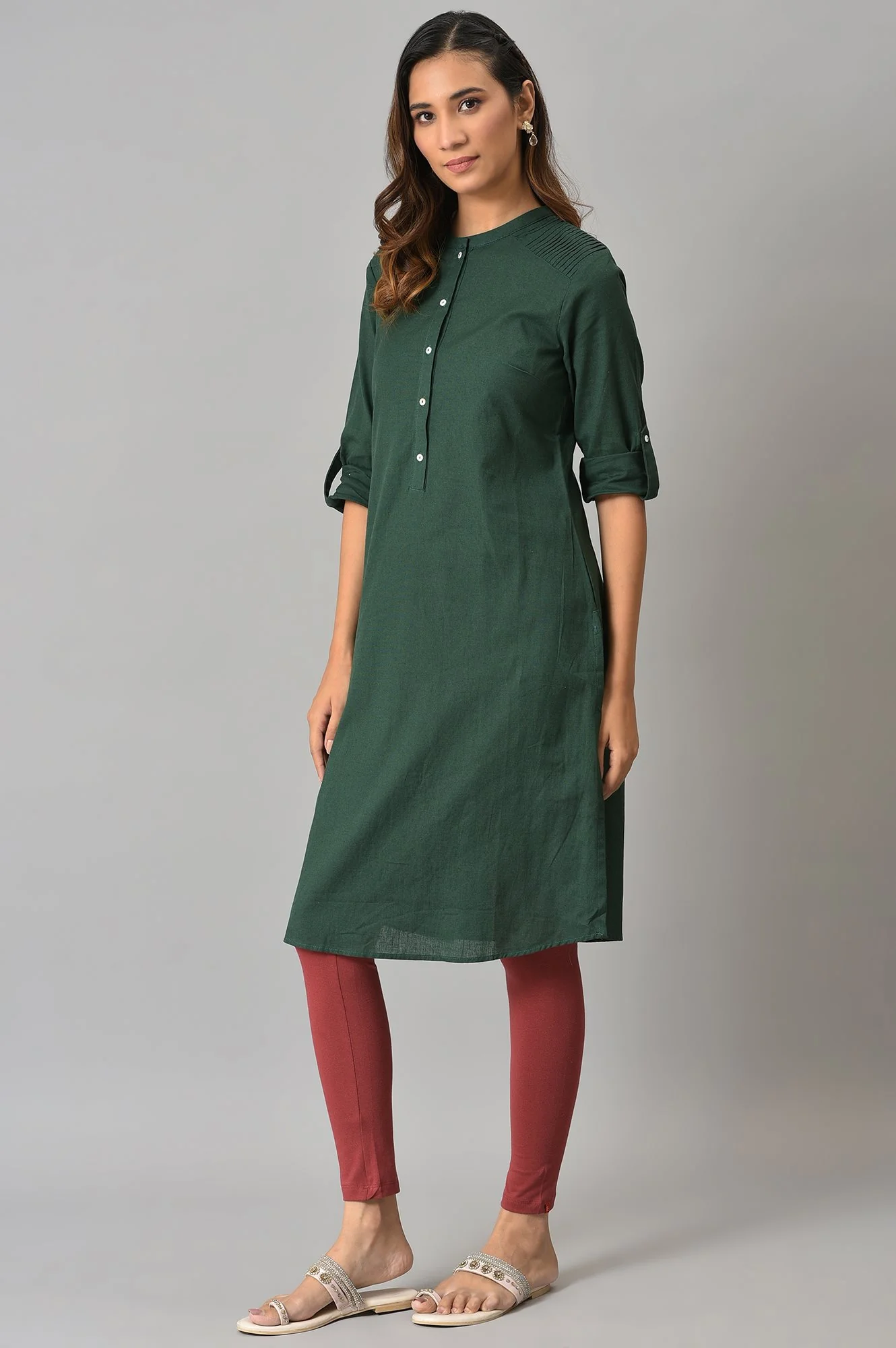 Dark Green Half Placket Shirt kurta - Image 3