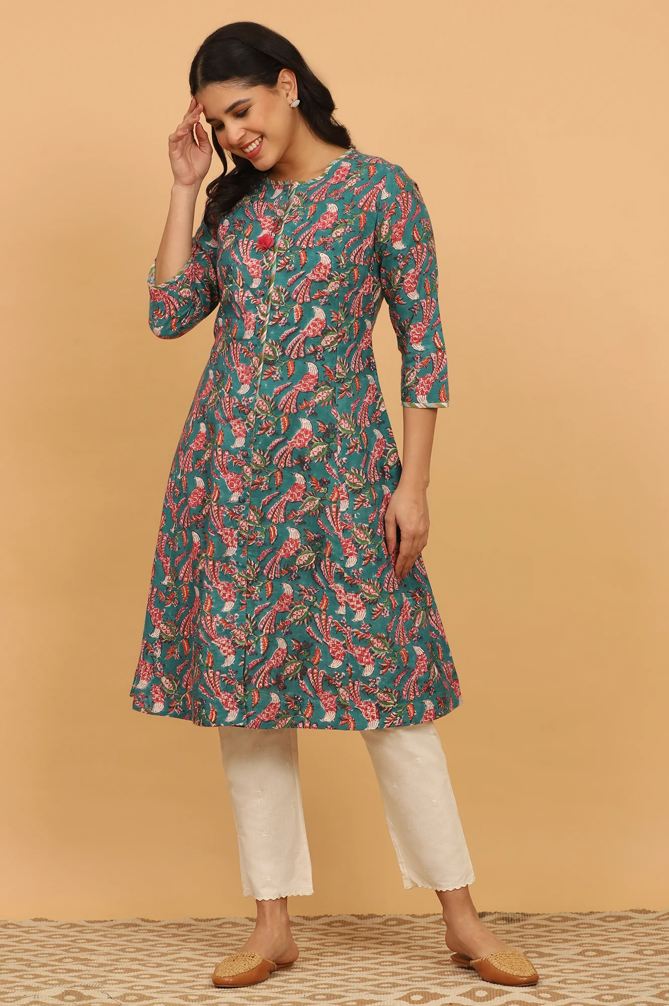 Dark Green Handblock Print Kurta in Cotton Slub - Image 2