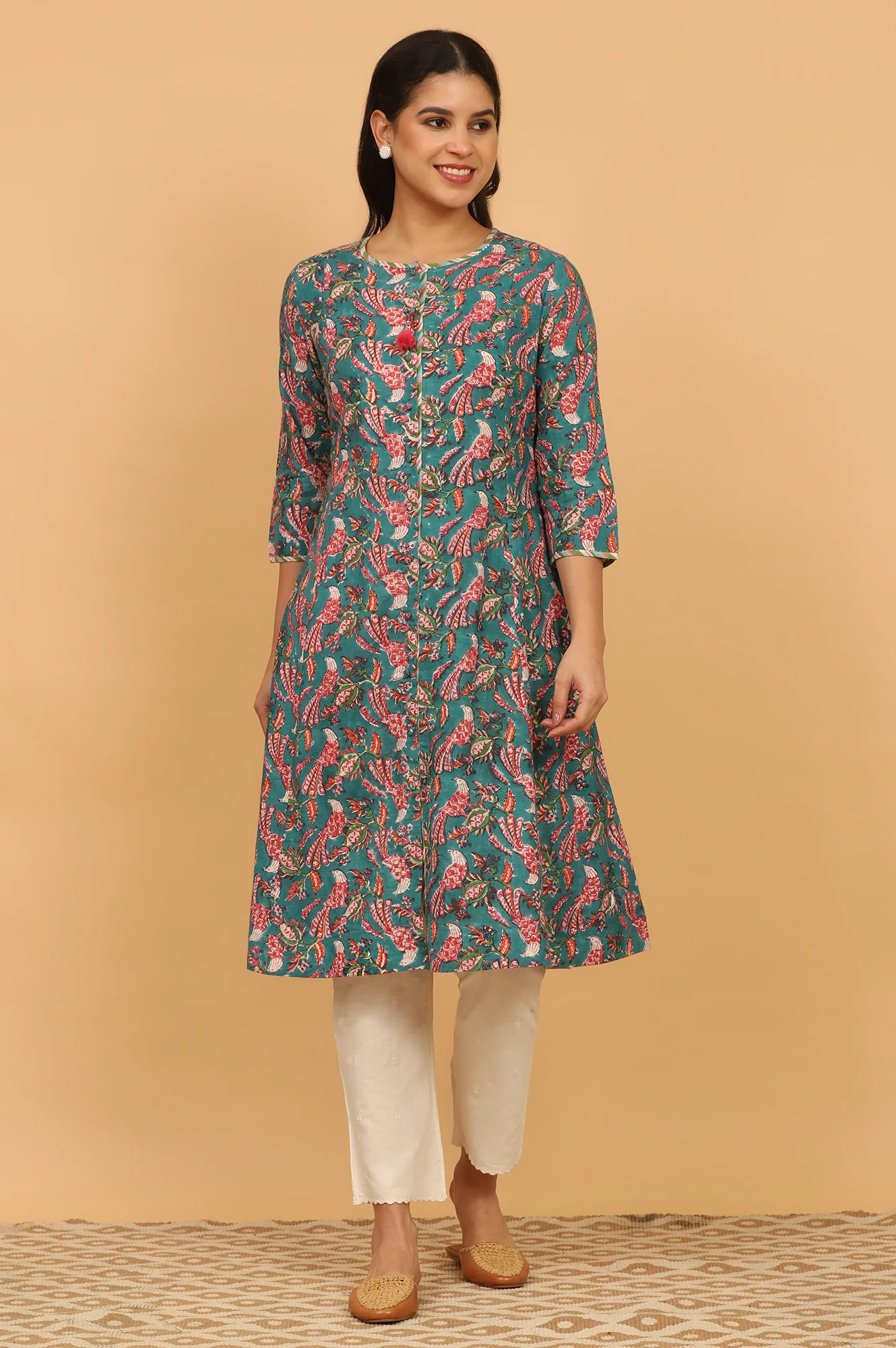 Dark Green Handblock Print Kurta in Cotton Slub - Image 3
