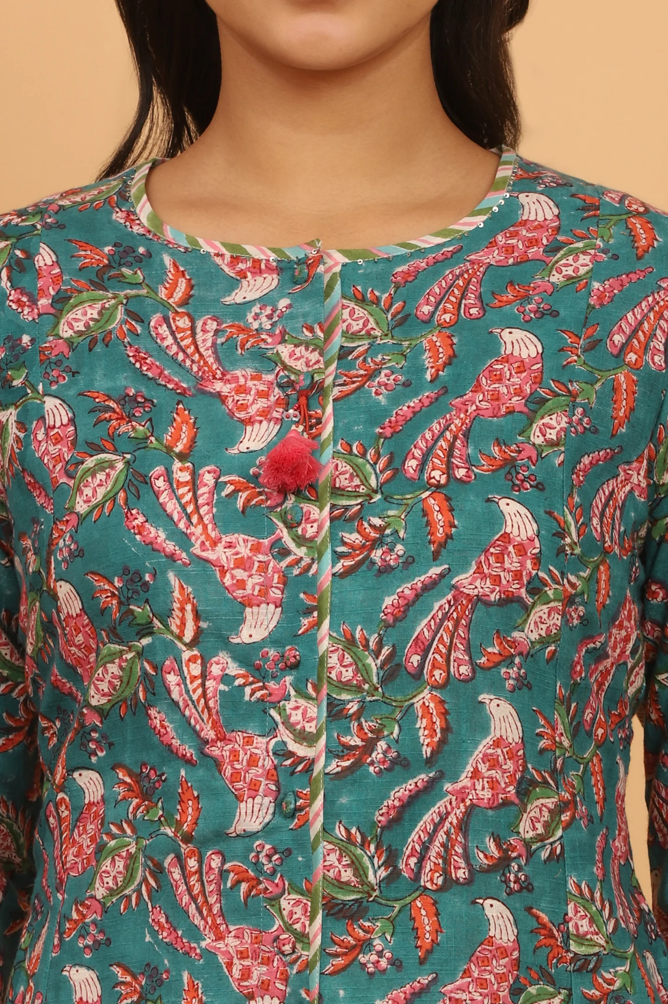 Dark Green Handblock Print Kurta in Cotton Slub - Image 4