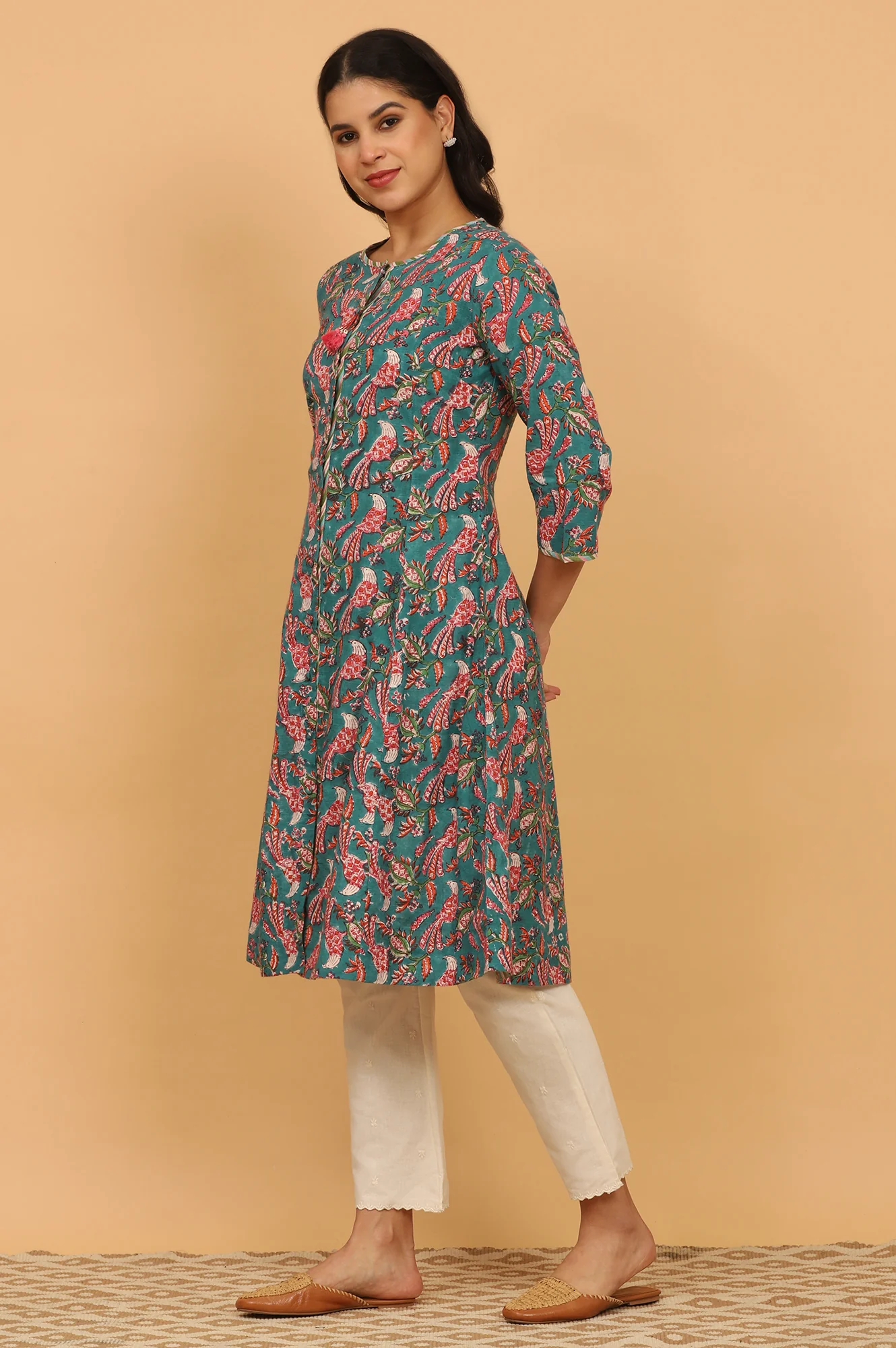 Dark Green Handblock Print Kurta in Cotton Slub - Image 5