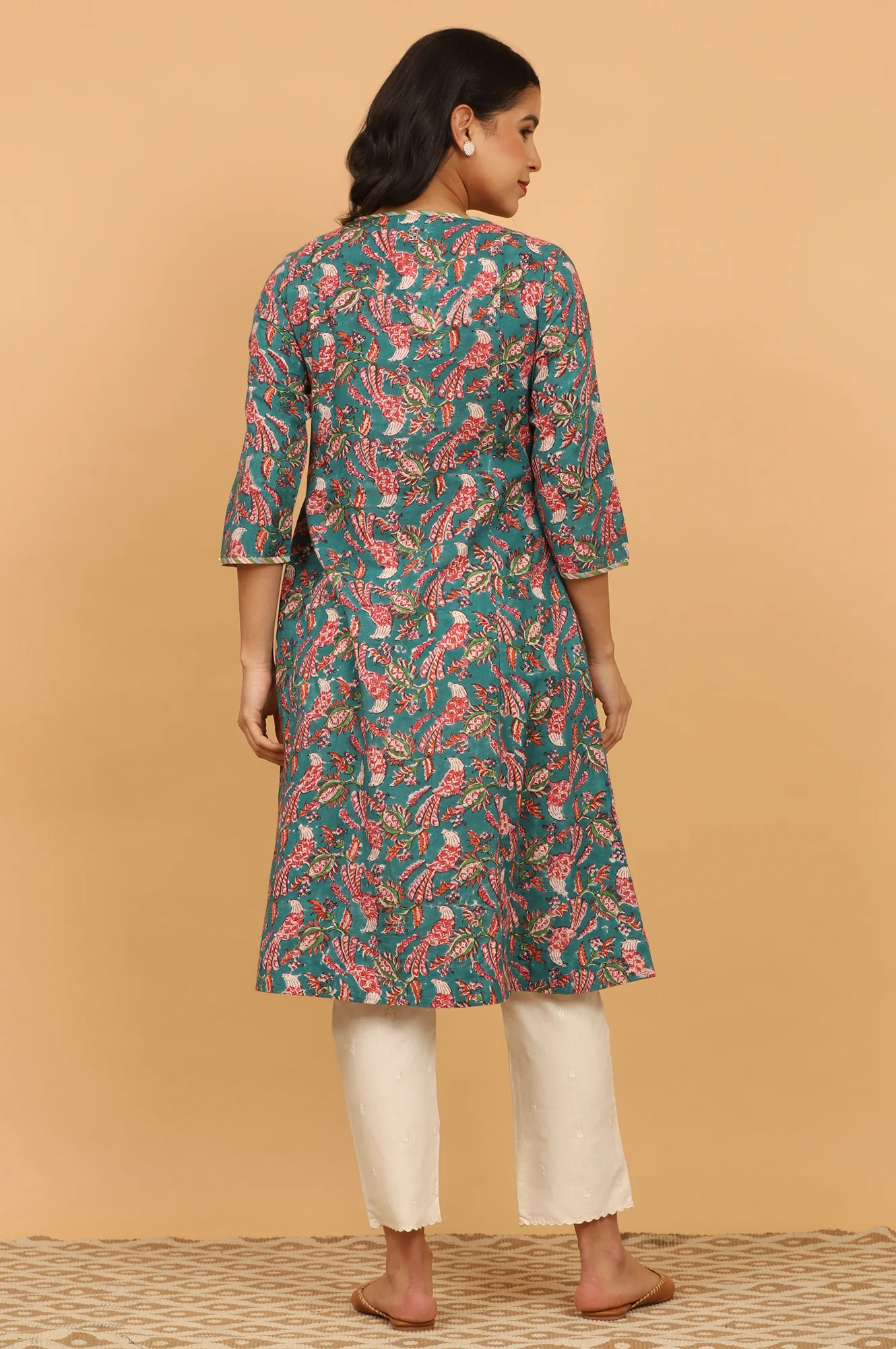 Dark Green Handblock Print Kurta in Cotton Slub - Image 6