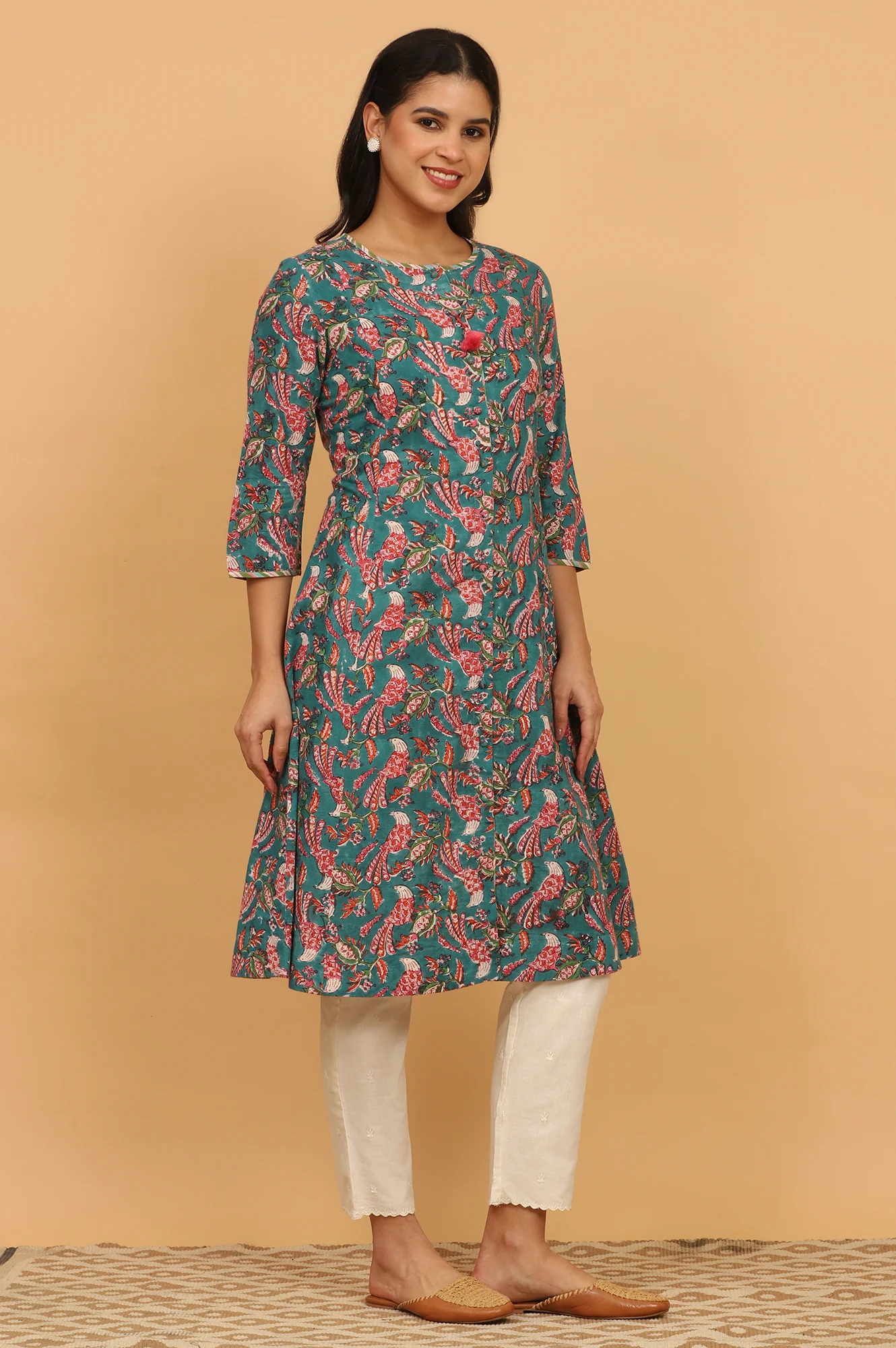 Dark Green Handblock Print Kurta in Cotton Slub - Image 7