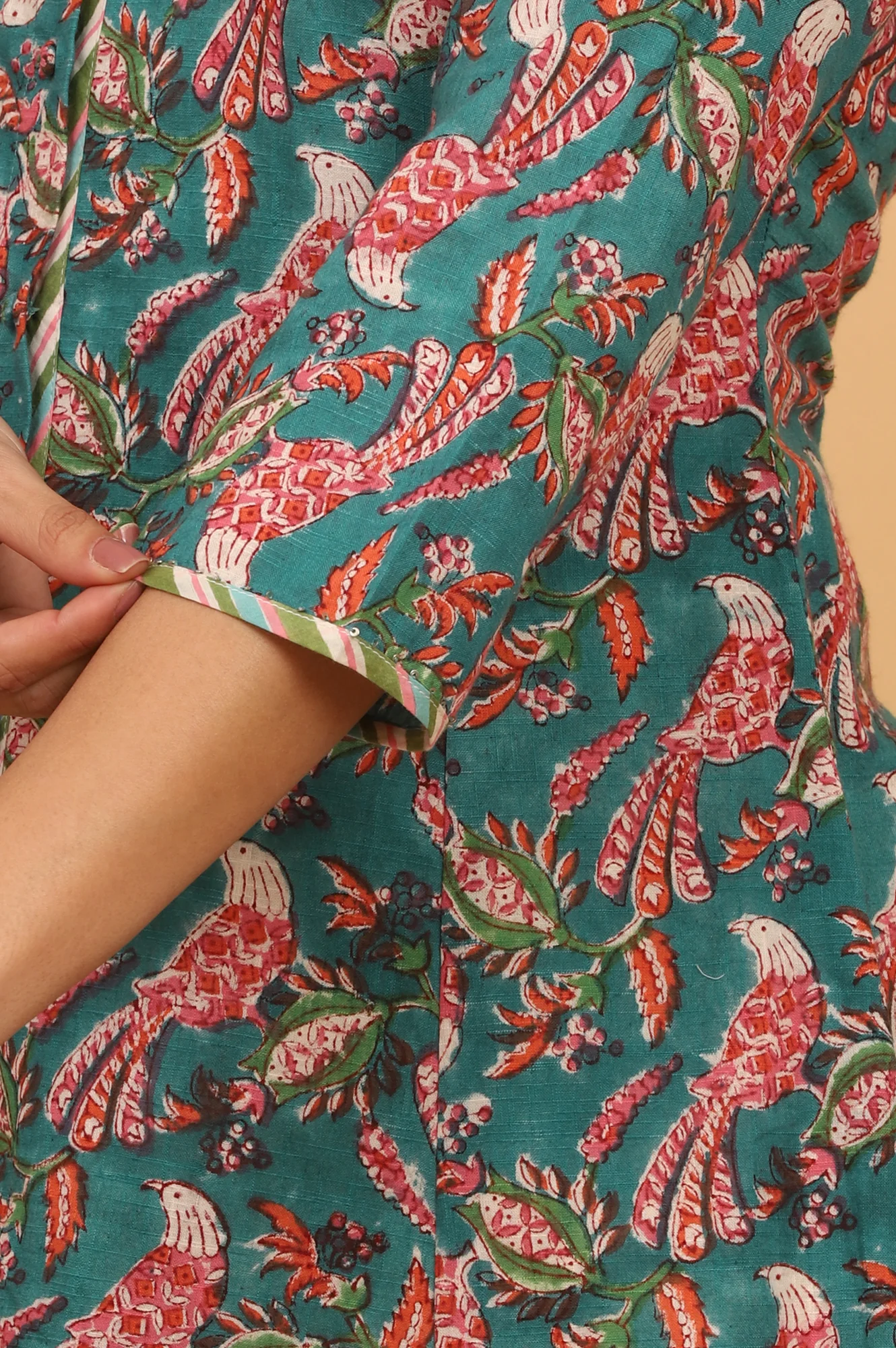 Dark Green Handblock Print Kurta in Cotton Slub - Image 8