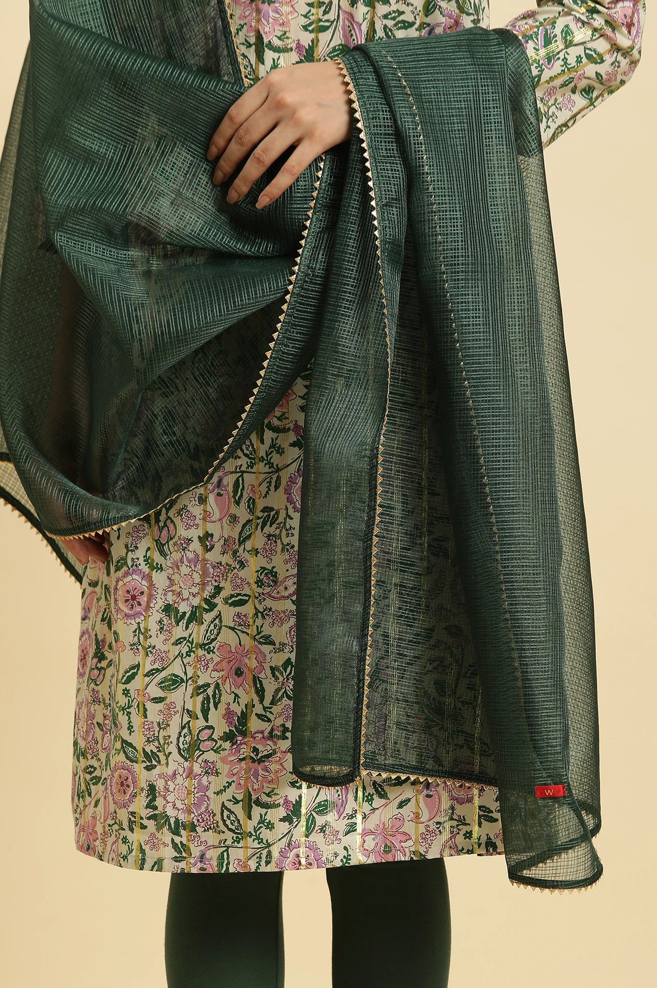 Dark Green Kota Dupatta With Gota Border - Image 6