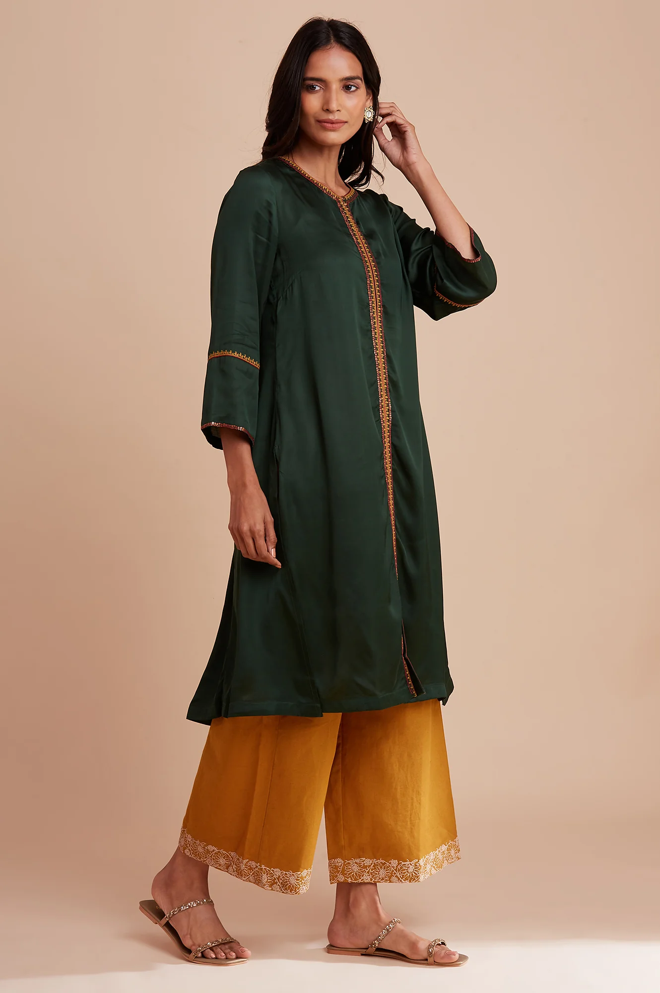 Dark Green Modal Satin Embroidered kurta - Image 4