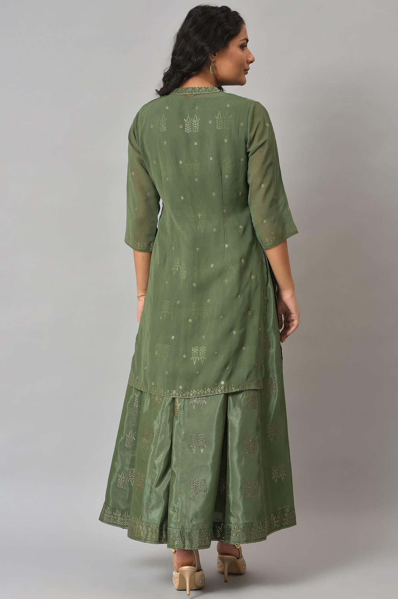 Dark Green Mukaish Georgette Jacket With Flared Sleeveless Dress - Image 2