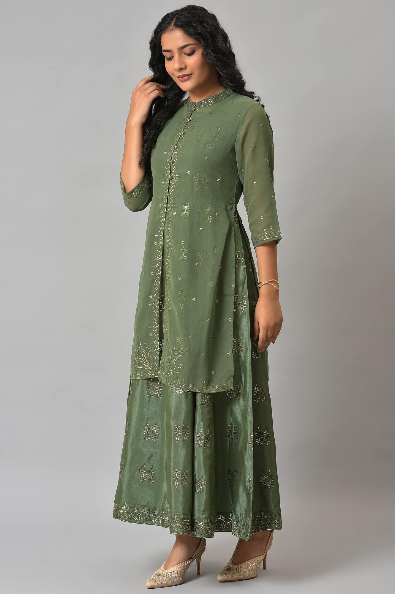Dark Green Mukaish Georgette Jacket With Flared Sleeveless Dress - Image 3