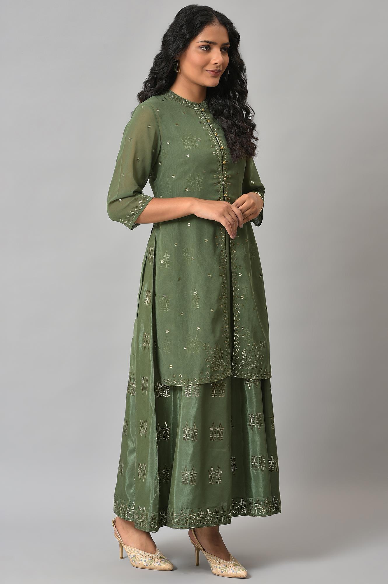 Dark Green Mukaish Georgette Jacket With Flared Sleeveless Dress - Image 4