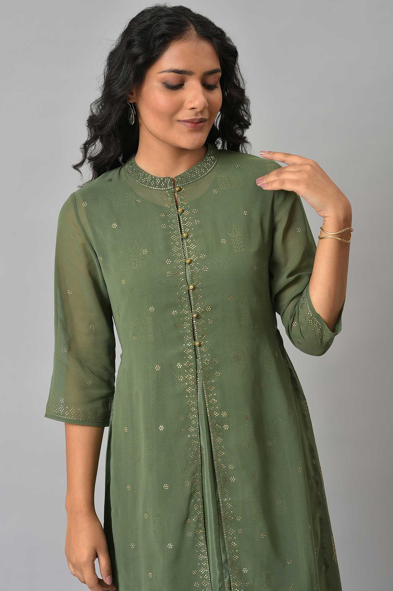 Dark Green Mukaish Georgette Jacket With Flared Sleeveless Dress - Image 5