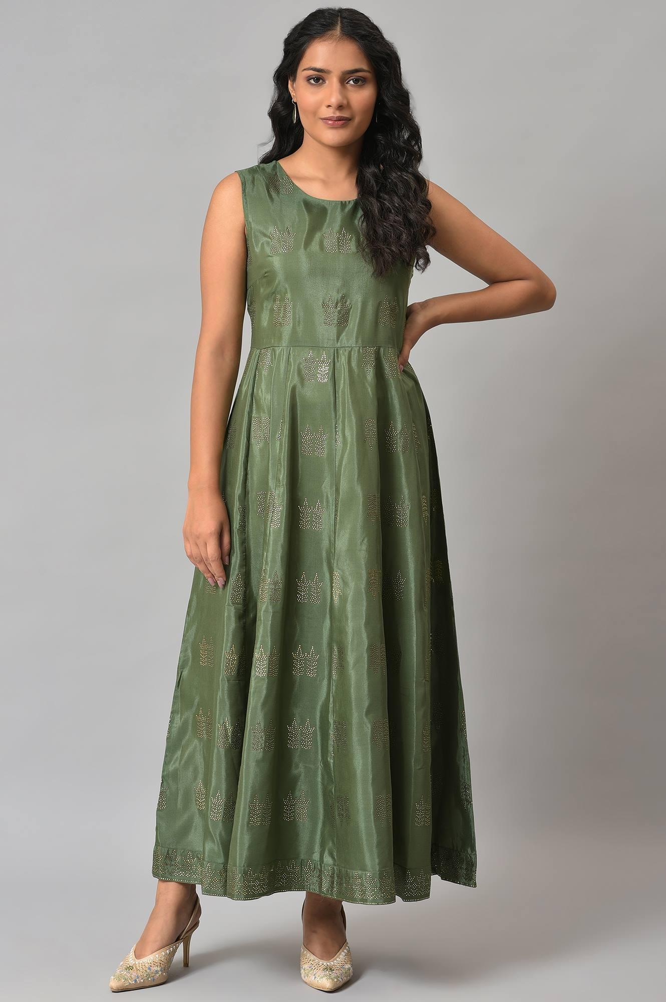 Dark Green Mukaish Georgette Jacket With Flared Sleeveless Dress - Image 6