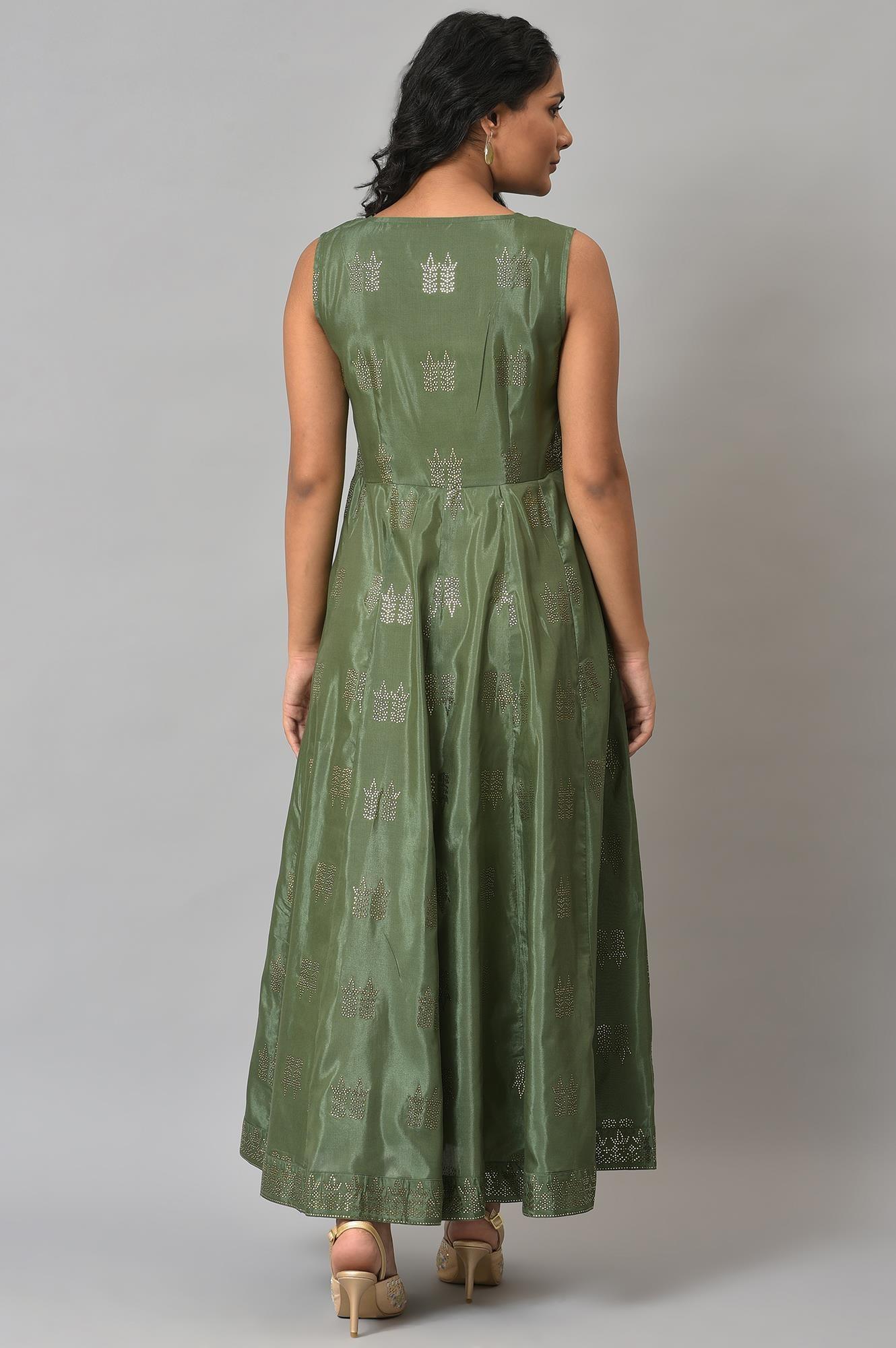Dark Green Mukaish Georgette Jacket With Flared Sleeveless Dress - Image 7