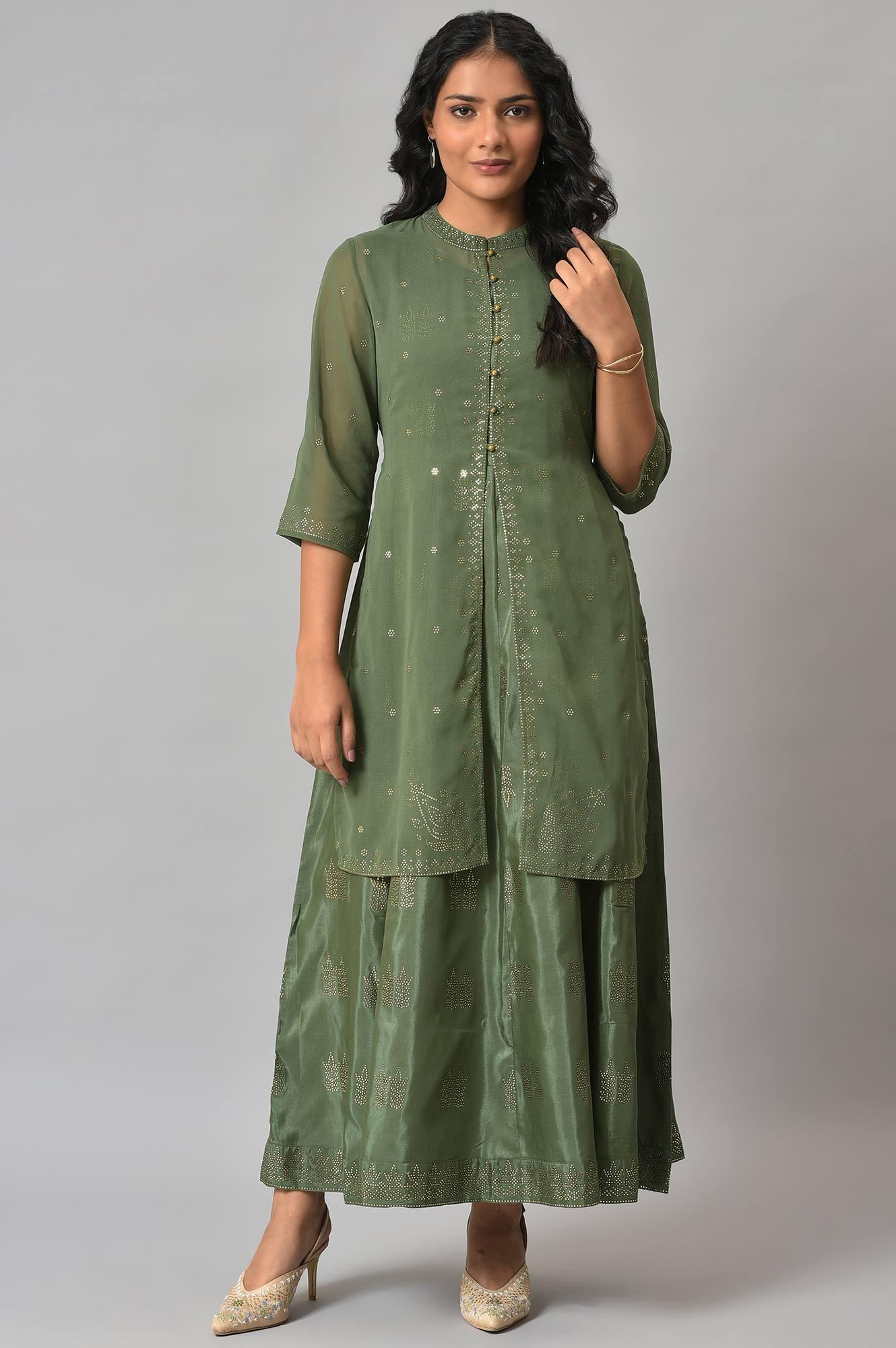 Dark Green Mukaish Georgette Jacket With Flared Sleeveless Dress - Image 8