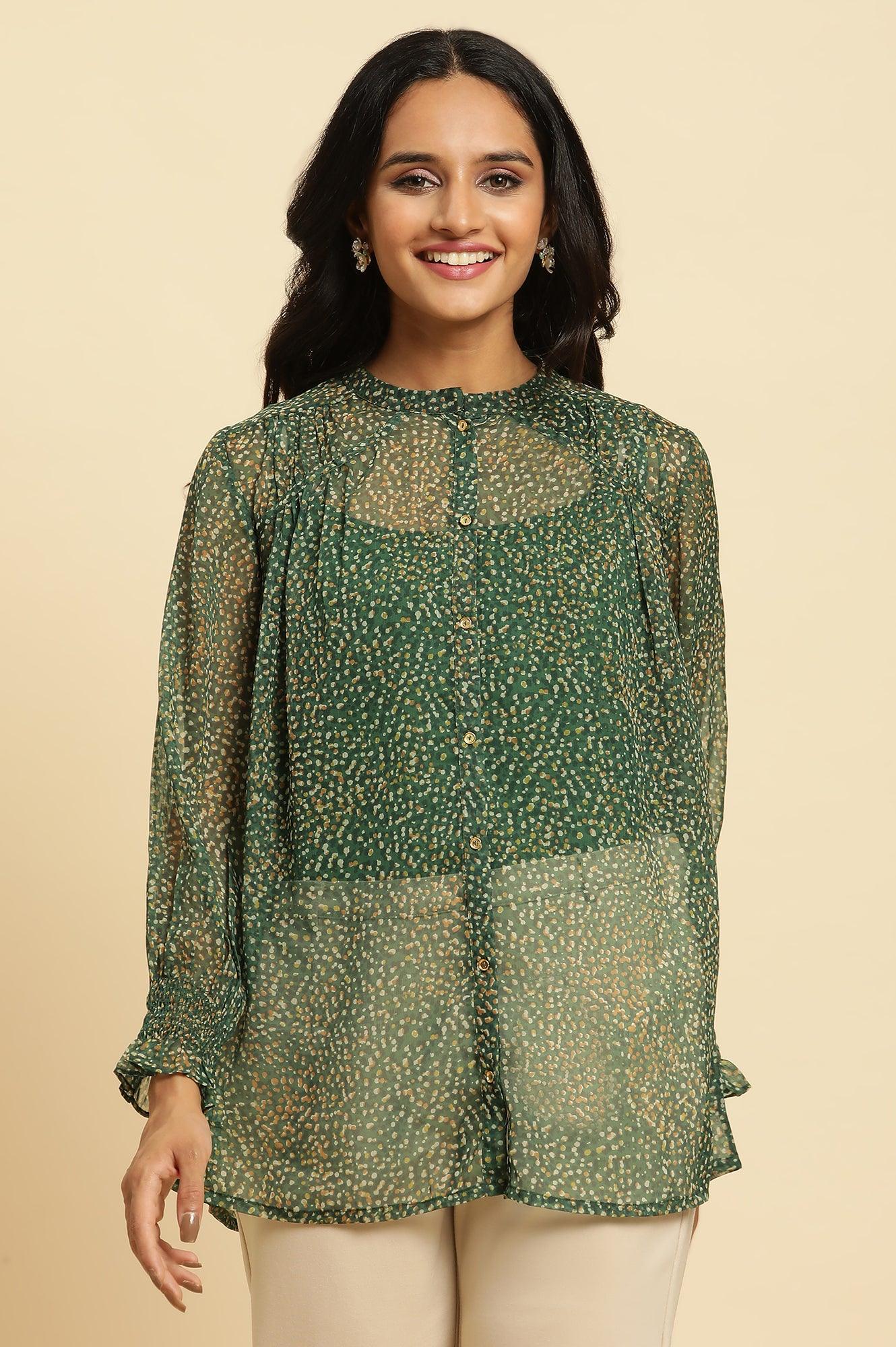 Dark Green Sheer Button Down Shirt