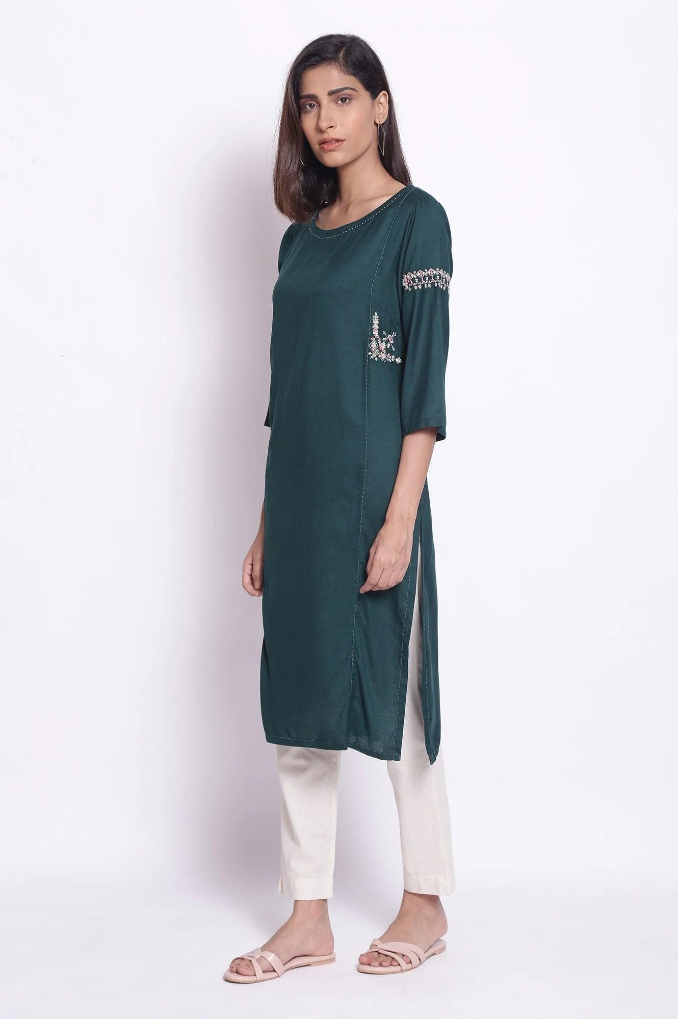 Dark Green Solid Cotton Straight Kurta - Image 3