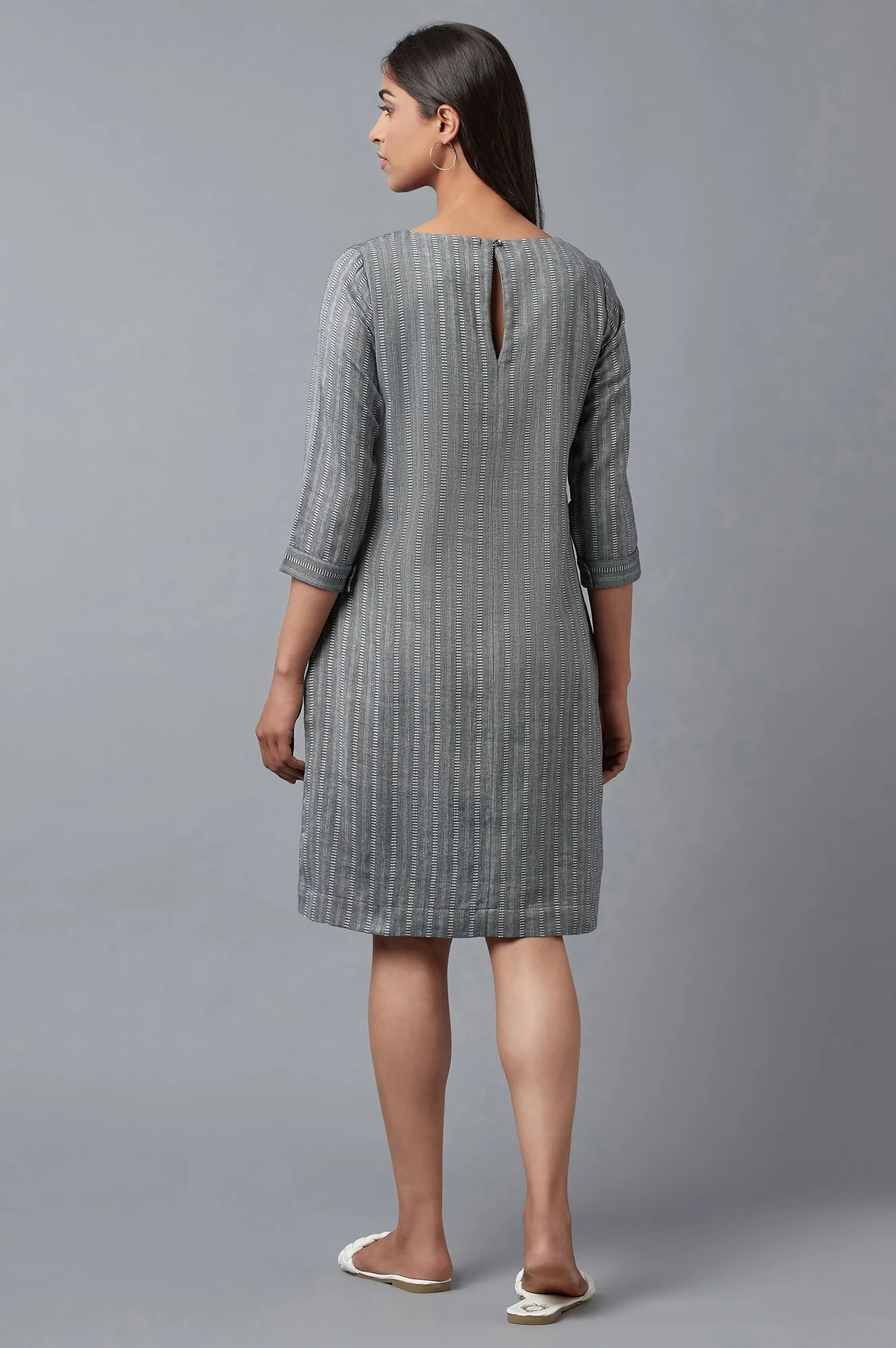 Dark Grey Cootton Textured Stripes Dress In Round Neck - Image 2