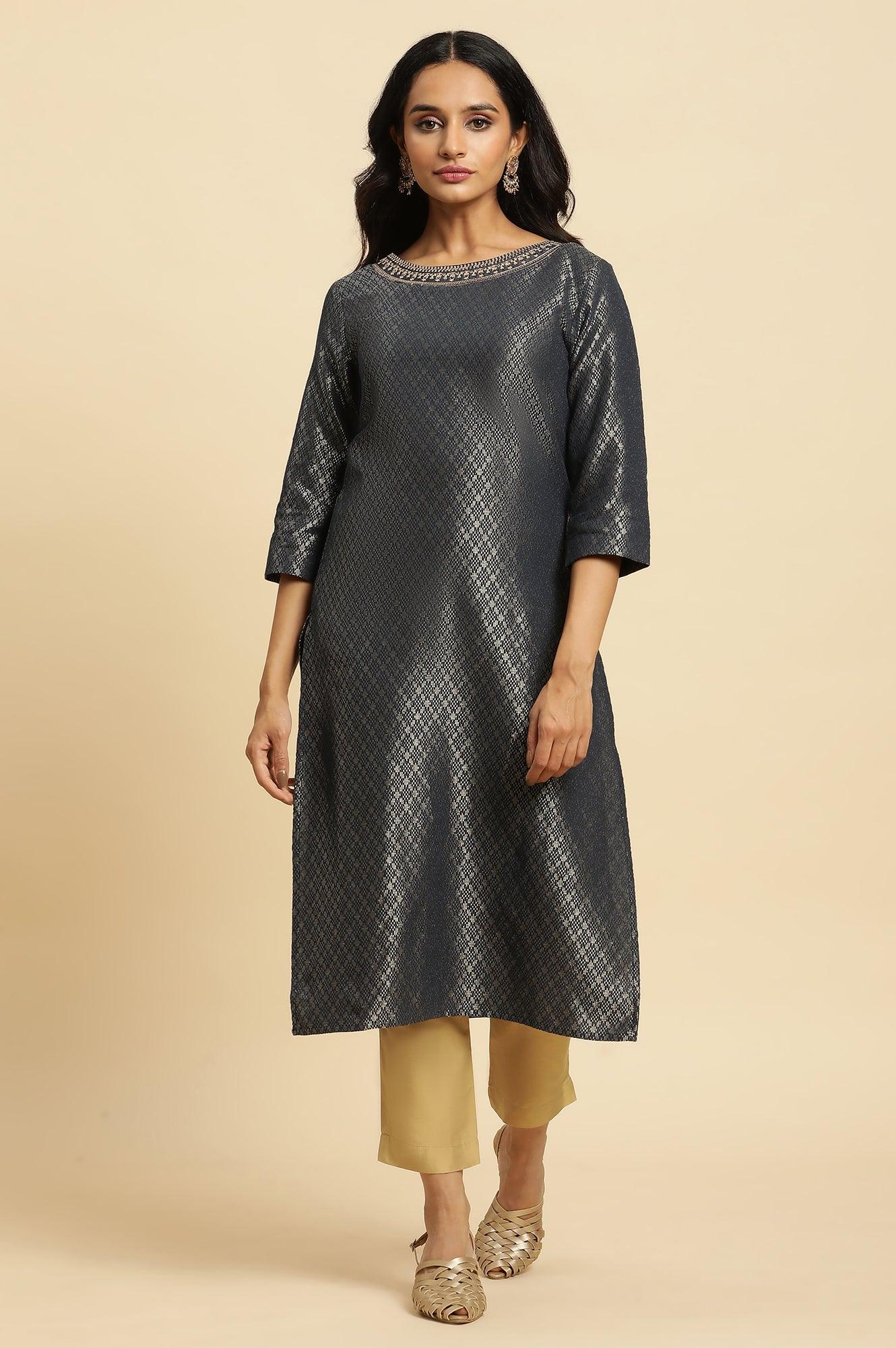 Dark Grey Dobby Embellished Kurta - Image 2