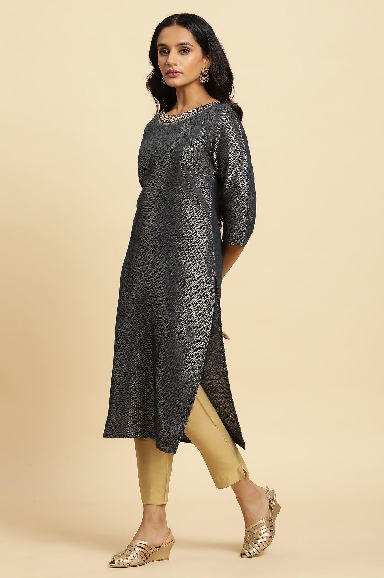 Dark Grey Dobby Embellished Kurta - Image 3