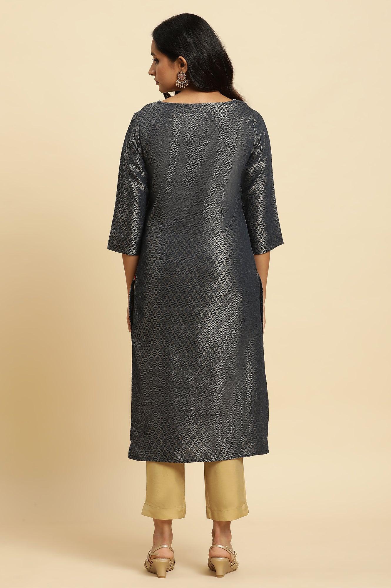 Dark Grey Dobby Embellished Kurta - Image 4