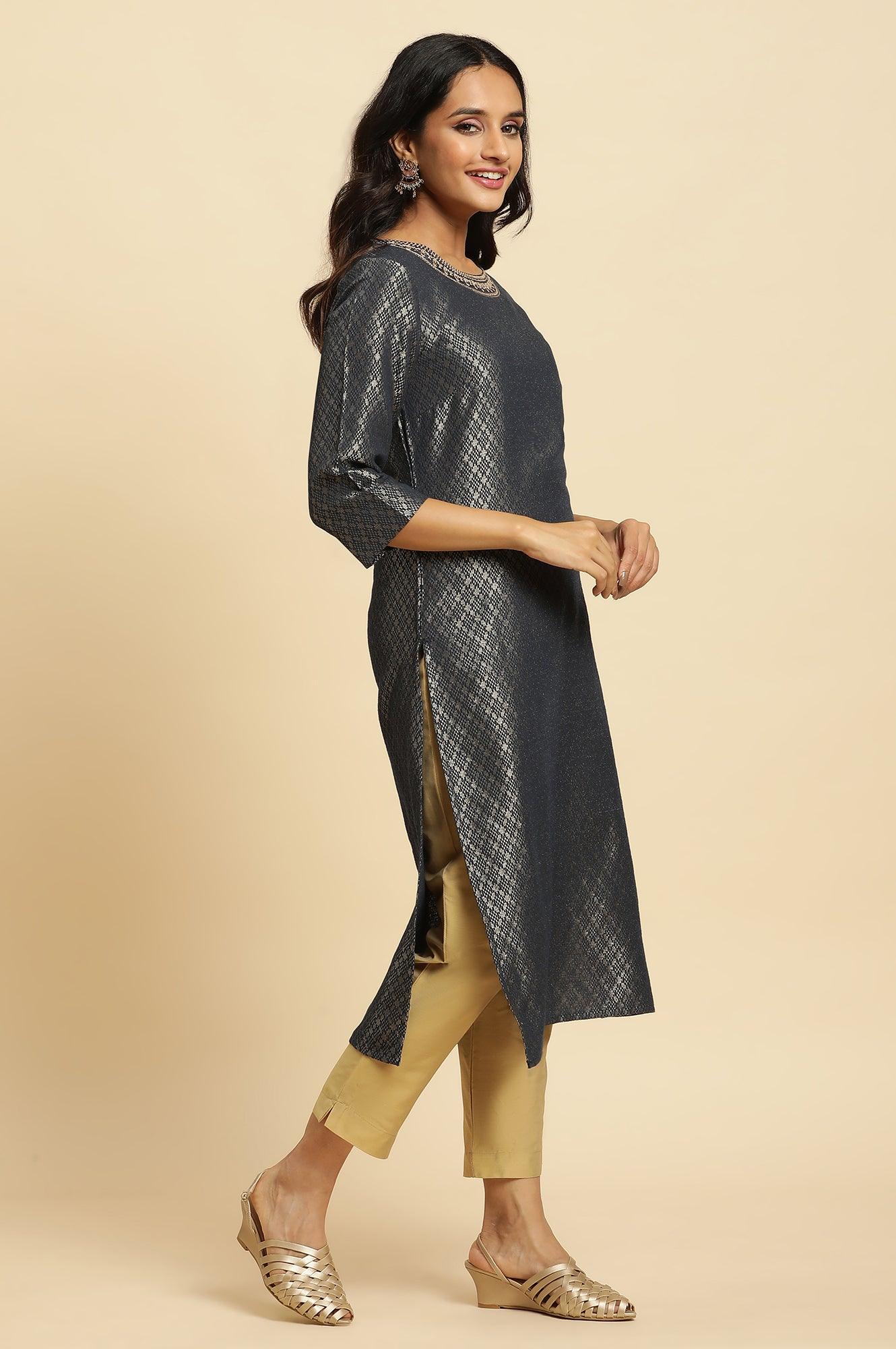 Dark Grey Dobby Embellished Kurta - Image 5