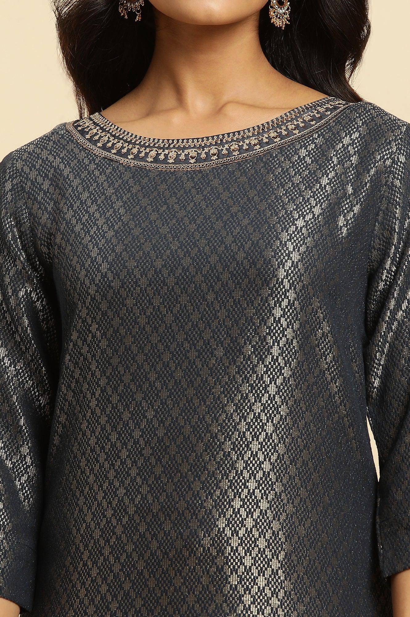 Dark Grey Dobby Embellished Kurta - Image 6